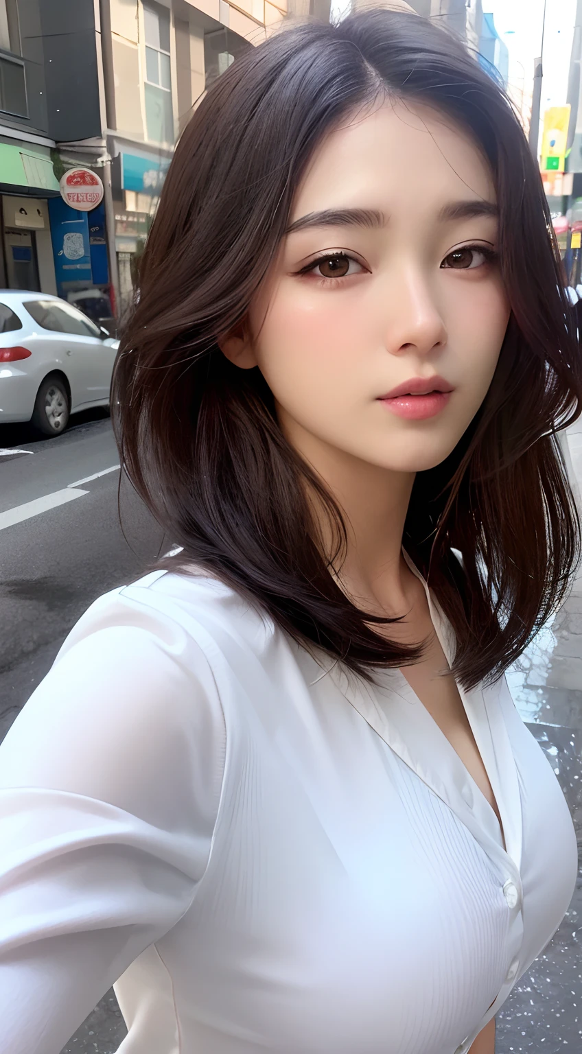 a close up of a woman in a white shirt standing on a street, with short hair, white hime cut hairstyle, beautiful Korean women, Gorgeous young Korean woman, Beautiful young Korean woman, Korean girl, girl cute-fine face, young cute wan asian face, Shoulder-length black hair, young lovely Korean faces, ulzzangs, mid - length hair