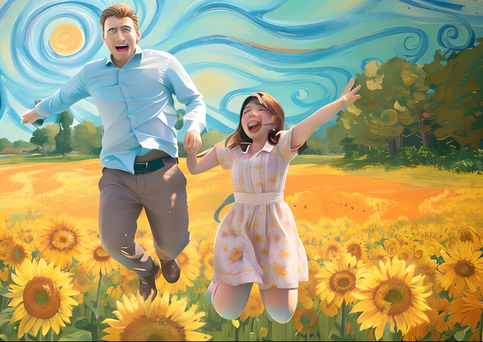 Painting of a man and a woman jumping in a field of sunflowers, jumping towards viewer, Saltando para o espectador, videoclipe, pulando de alegria, Arte Promocional, Estilo Van Gogh, foto promocional, still from a music video, filme promocional ainda, imagem promocional do filme, Arte Promocional, em estilo de van gogh, Album art, epic oil painting, sunflowers in the background