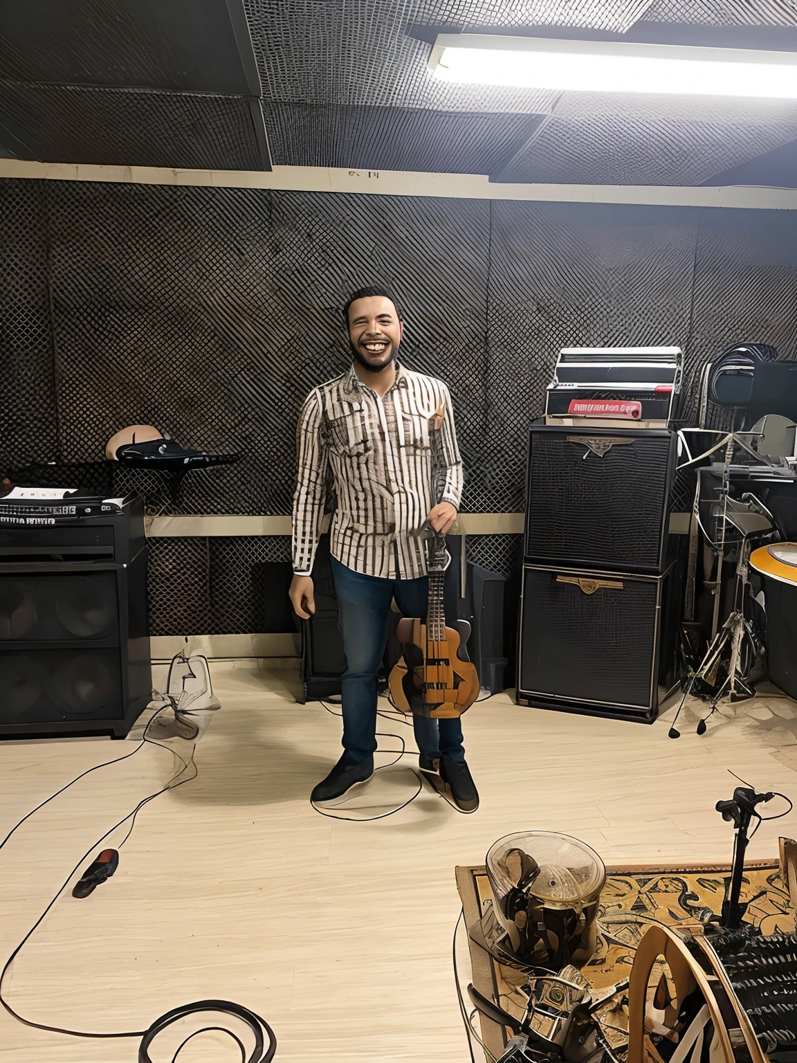 Homem rapaz mulato baixista camisa instrumentos felicidade sorriso