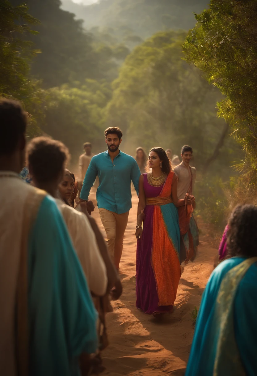 Um casal jovem (homem e mulher), leading a group of young adults toward Jesus