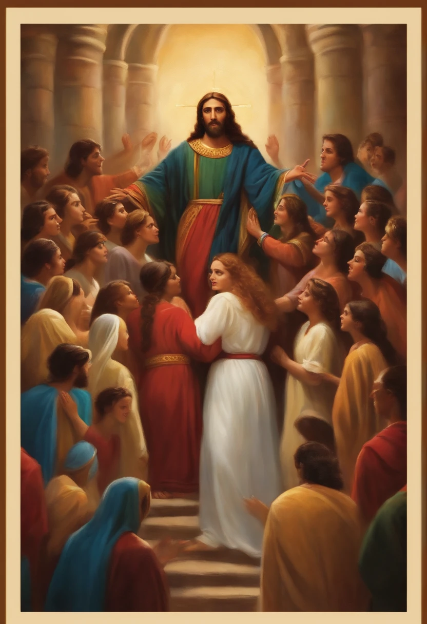 Um casal jovem (homem e mulher), leading a group of young adults toward Jesus