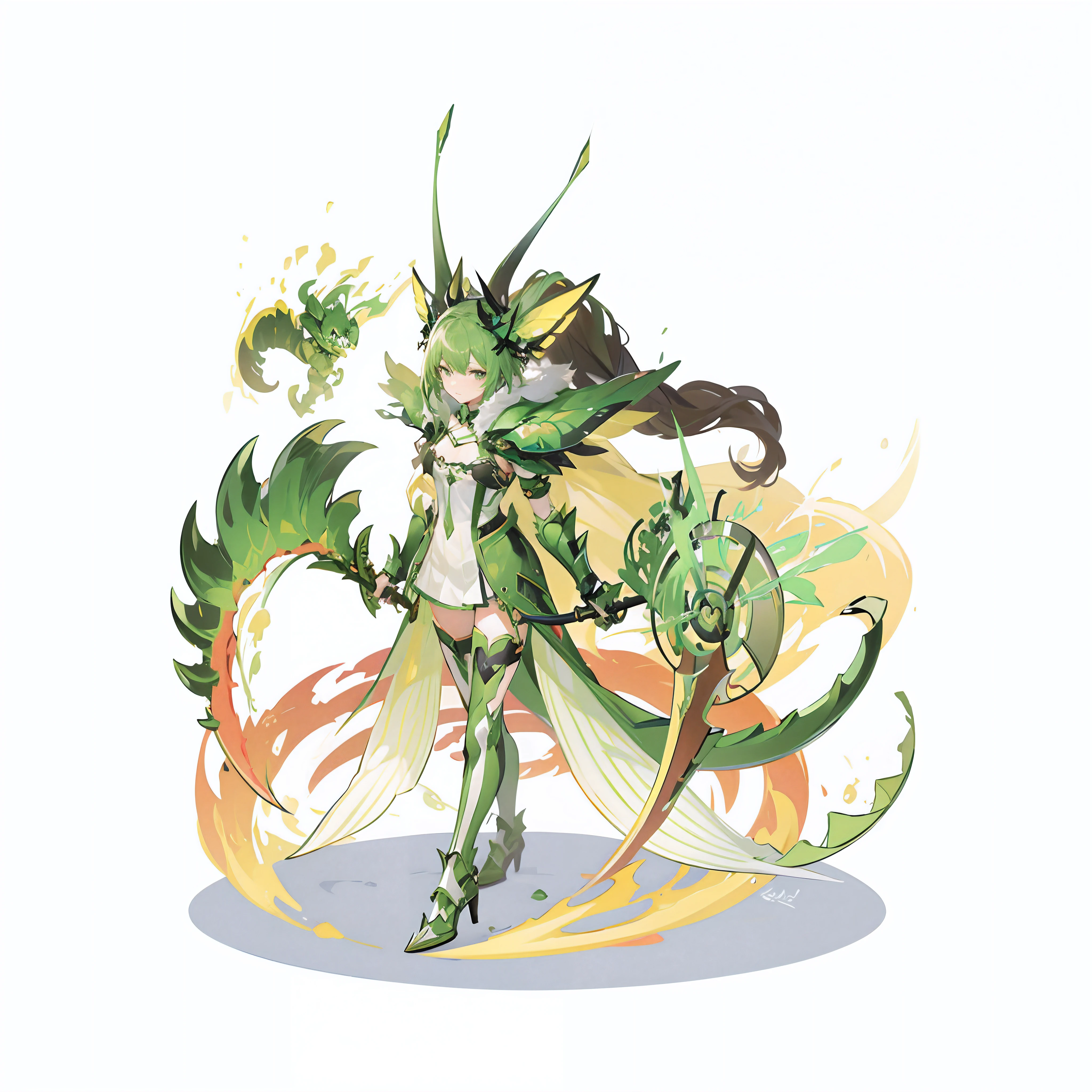 Green metal armor,Scythe in hand,Green hair,Insect antennae