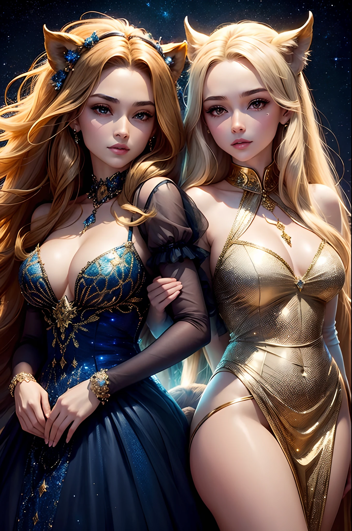 (best images quality),(Extremely detailed description),(Movie lighting),(Taurus:1.5),Beautuful Women(golden taurus),(Very detailed details of the face),(There is a lion next to the girl:1.5),Blue starry sky,rays of moonlight,As estrelas(Twinkle),universe background,garments(blingbling),(tmasterpiece),(Spectacular effect)