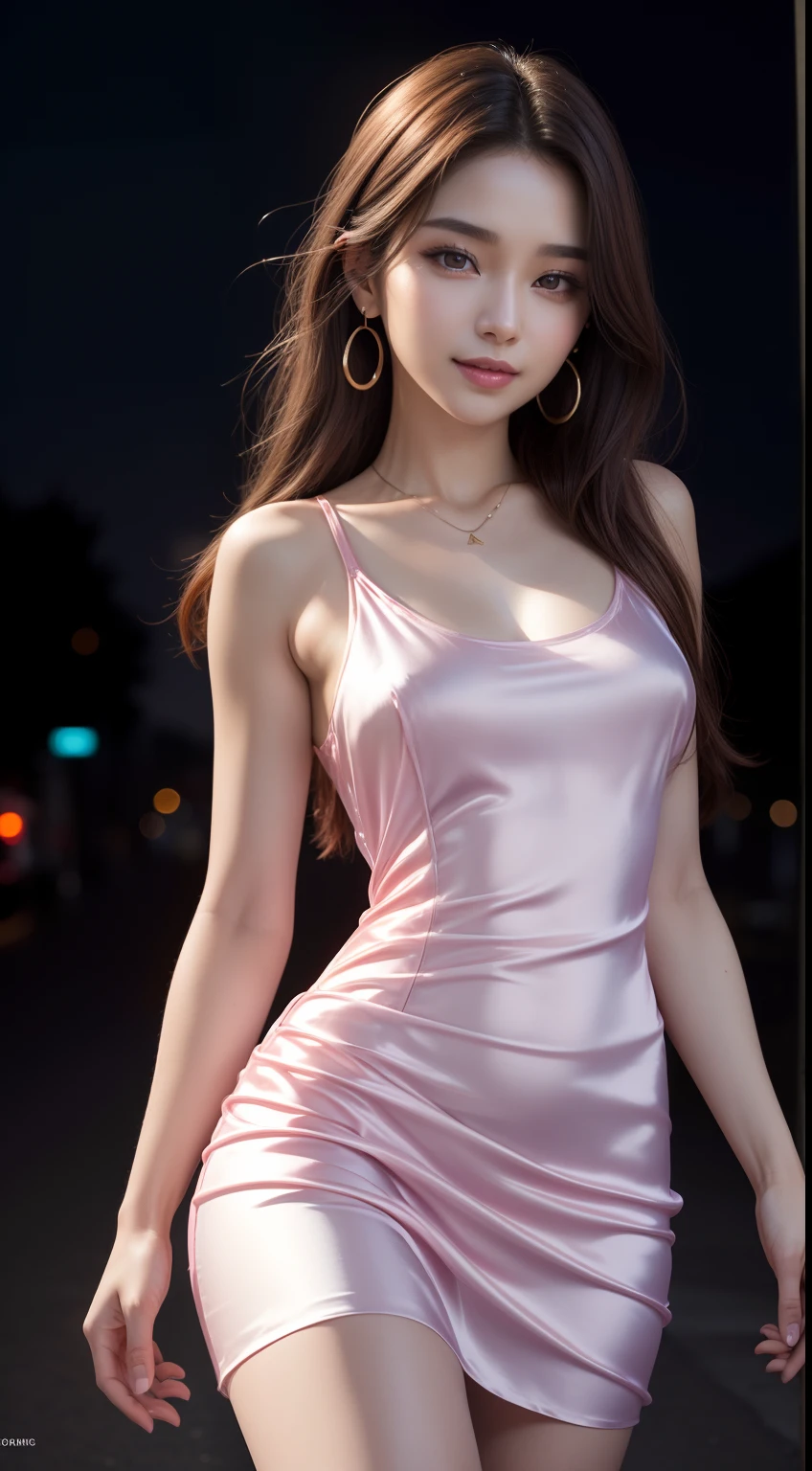 8k, masterpiece, RAW photo, best quality, photorealistic, extremely detailed CG unity 8k wallpaper, Depth of field, Cinematic Light, Lens Flare, Ray tracing, (extremely beautiful face, beautiful lips, beautiful eyes), intricate detail face, ((ultra detailed skin)) 1girl, in the dark, deep shadow, pretty korean girl, kpop idol, 1 girl, (very slim slender fit-muscled body:1.3), ((looking at viewer)),(big smile:1.3), (hot pink color blouse), (sleeveless) , (fashion city night, dark night, (neon sign), (blurred background), fashion street night),(without people in the background:1.3), beautiful earrings, bracelets, necklace, pantyhose, clear eyes, walking, (pale skin), (big eyes), face forward, ((upper body shot)), ((silk color dress:1.3)),(brown hairs),((tight fitting laced dress)), (see through), (looking at viewer:1.3) open breast, very slim, medium breasts, turning back, back shot, see through