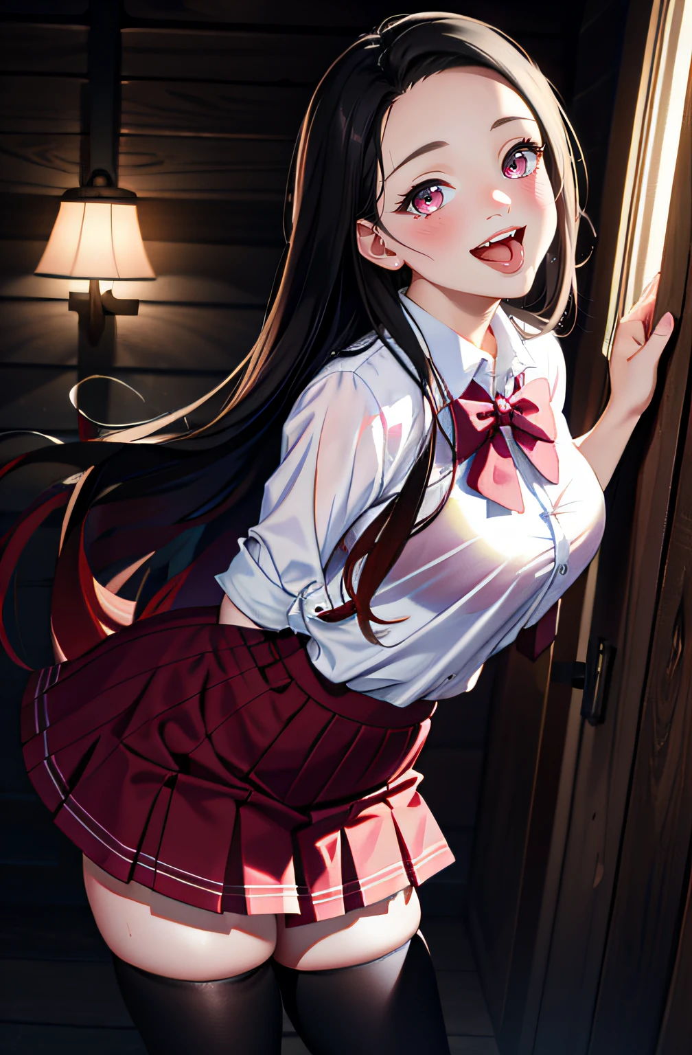 masterpiece, realistic eyes, best quality, tongue out, open mouth, beautiful lighting, cinematic, 8k, solo, 1girl, facial, wet face, liner, wooden walls, medium tits, white shirt, school skirt, back, wide hips, cum, kamado nezuko, pink eyes, lips, blush, smile, happy, thighhighs