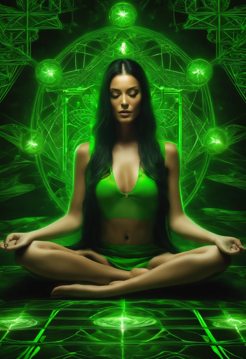 best quality,Pisif,taoist,(meditation:1.1), soio,uma garota sexy ,Cross-legged meditation， Bright green magic matrix, Flutua，transparent,Realistic