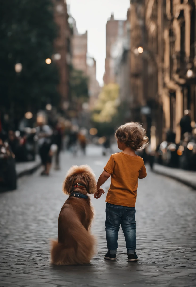 Pixar. Casal com um filhote de cachorro yorkshire marrom. A menina tem os cabelos castanhos longos, ondulados, Camiseta preta e jeans claro. O menino de careca e barba longa,  gordinho é alto olhos Dark, jeans and gray t-shirt. They are both smiling and are 40 years old em cenário de NYC