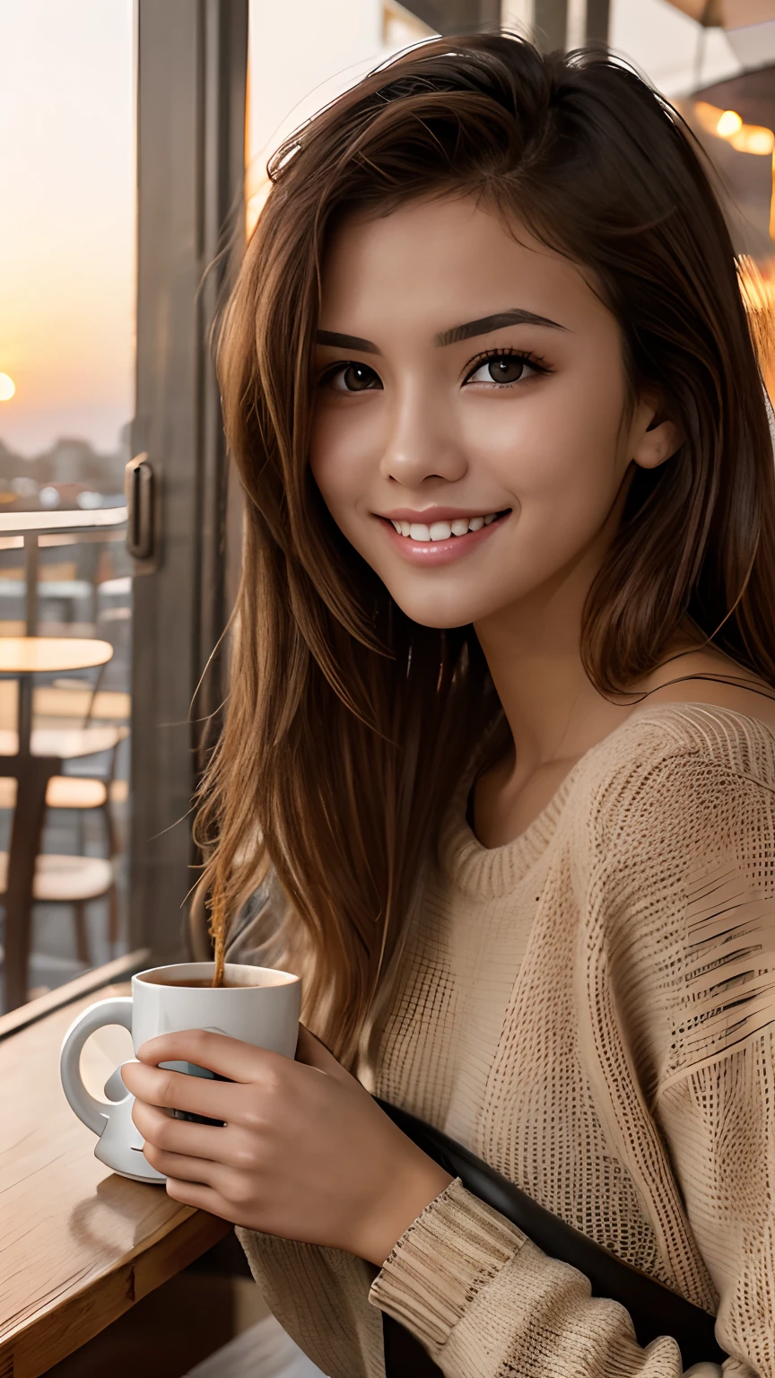 Cute black long straight hair brown eyes round face girl wearing brown sweater sitting in café drinking coffee, sunset, toothy smile without bangs,