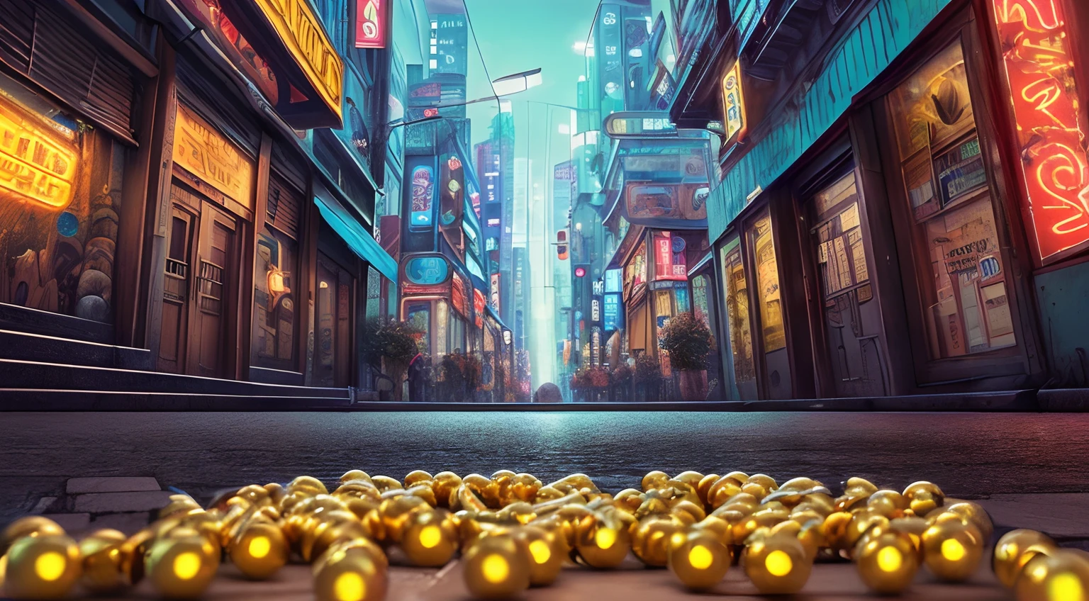 (best quality,4k,8k,highres,masterpiece:1.2), ultra-detailed, (realistic, photorealistic, photo-realistic:1.37), Urban street view, smiling, urban setting,  neon, cyberpunk, futuristic,  futurism, vibrant colors, soft lighting, golden pills, magical atmosphere,