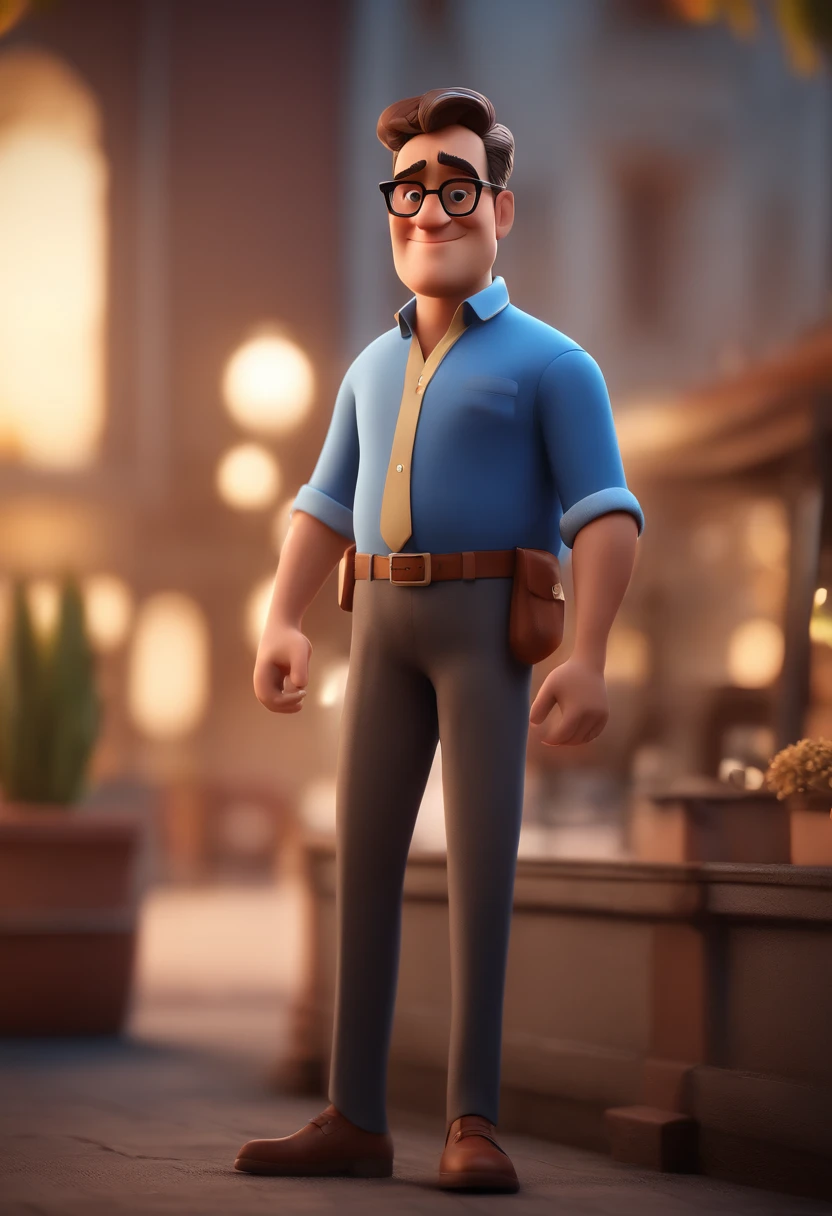 Cartoon character of a man with black glasses and a blue shirt, animation character, Caractere estilizado, animation style rendering, 3D estilizado, Arnold Maya render, 3 d render stylized, toon render keyshot, Personagem 3D, Personagem 3D, 3d rendering stylized, 3 d character render, personagem de desenho animado, Personagem de close up, Pose de personagem,  (Estilo Pixar) (master part:1.2) (Bokeh) (best quality) (pele detalhada) (textura detalhada) (8k) (argila) (Cinematic lighting) (foco nítido