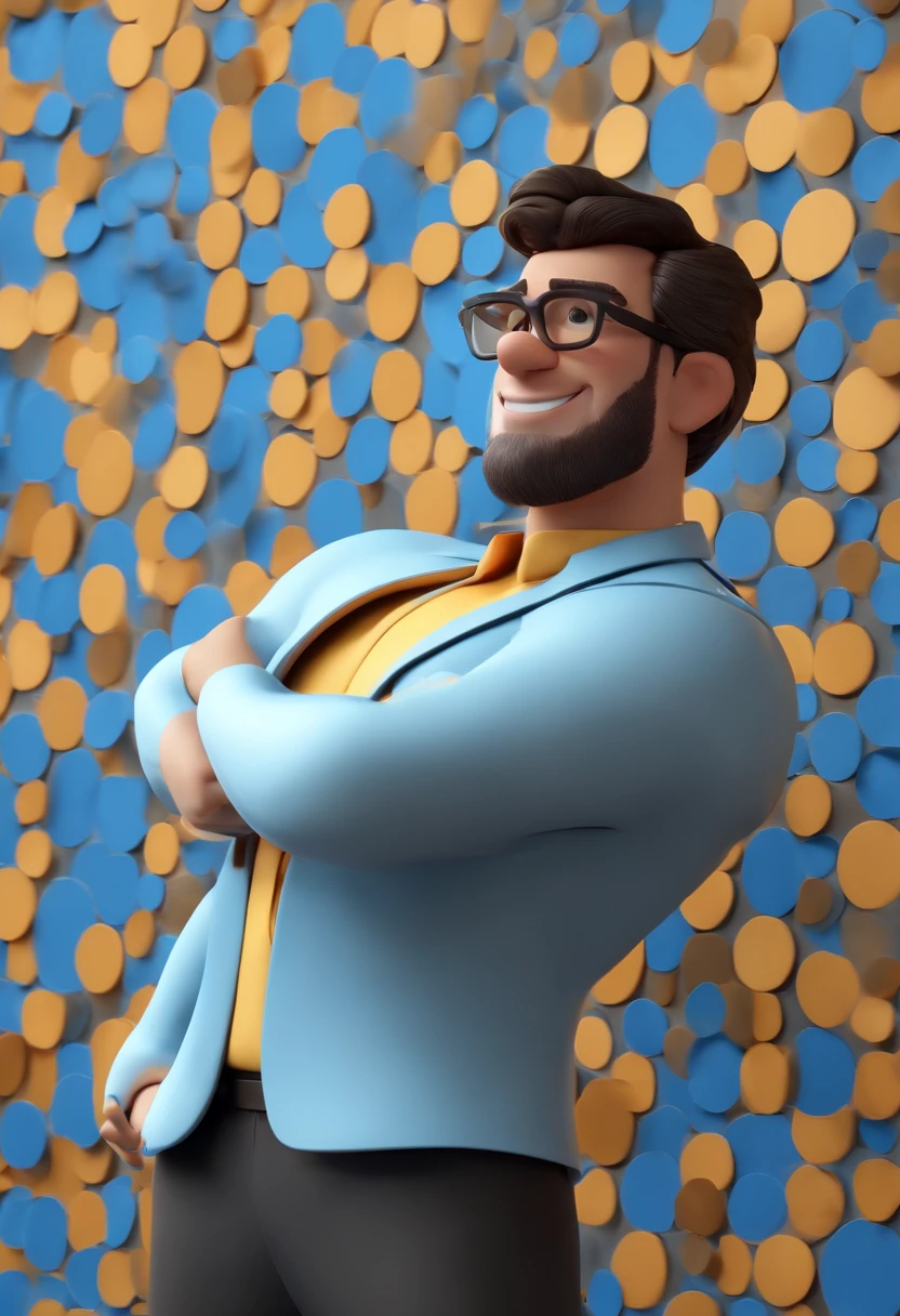 Cartoon character of a man with black glasses, careca, corpo meio gordo, com camisa azul, animation character, Caractere estilizado, animation style rendering, 3D estilizado, Arnold Maya render, 3 d render stylized, toon render keyshot, Personagem 3D, Personagem 3D, 3d rendering stylized, 3 d character render, personagem de desenho animado, Personagem de close up, Pose de personagem, (Estilo Pixar) (master part:1.2) (Bokeh) (best quality) (pele detalhada) (textura detalhada) (8k) (argila) (Cinematic lighting) (foco nítido