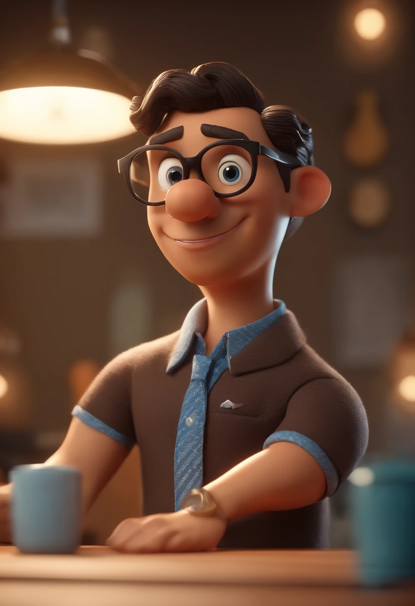 Cartoon character of a man with black glasses, careca, corpo meio gordo, com camisa azul, animation character, Caractere estilizado, animation style rendering, 3D estilizado, Arnold Maya render, 3 d render stylized, toon render keyshot, Personagem 3D, Personagem 3D, 3d rendering stylized, 3 d character render, personagem de desenho animado, Personagem de close up, Pose de personagem, (Estilo Pixar) (master part:1.2) (Bokeh) (best quality) (pele detalhada) (textura detalhada) (8k) (argila) (Cinematic lighting) (foco nítido