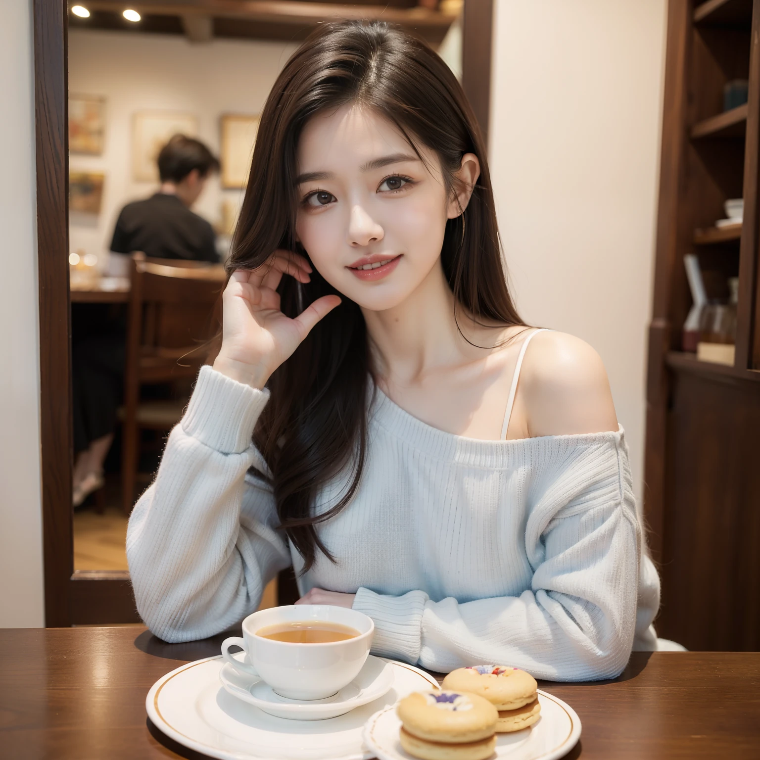 (art by:Adult Cute:1.5), Daytime in autumn  , 1 persons , Cute woman showing her teeth and smiling, Hair color is brown , Hair is shoulder-length,  Long Sleeve Blue One-Bead Beads、Outside a medieval European-style café , tea parties、a cake、 macaroons、donut、cookies、black tea、cute little、Cute 、Dolce、fluffly、Dolce、Pale shades