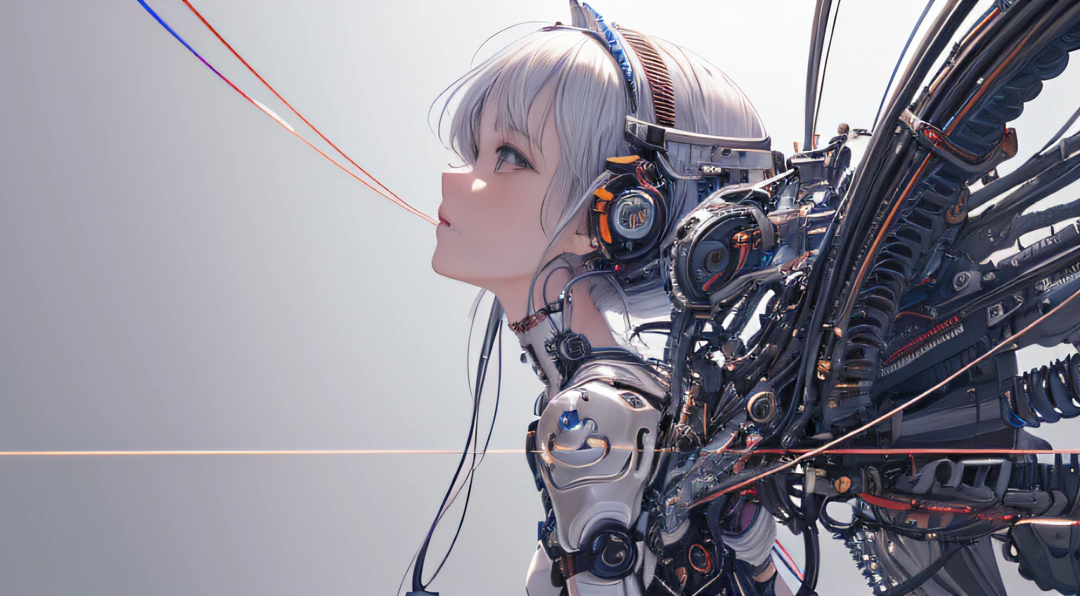 (((masterpiece))), (((best quality))), ((ultra-detailed)), (highly detailed CG illustration), ((an extremely delicate and beautiful)),(from side),cinematic light,((1mechanical girl)),solo,full body,(machine made joints:1.2),((machanical limbs)),(blood vessels connected to tubes),(mechanical vertebra attaching to back),((mechanical cervial attaching to neck)),(sitting),expressionless,(wires and cables attaching to neck:1.2),(wires and cables on head:1.2)(character focus),science fiction,white background, extreme detailed,colorful,highest detailed