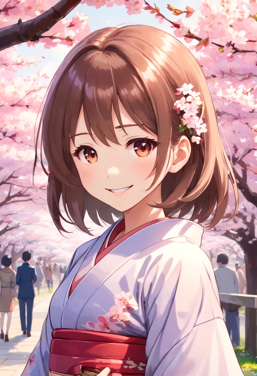 (masutepiece, Daylight portrait:1.3), (Attractive image of a 7--old l in Japan under cherry blossoms:1.2), (Sony A6400 Camera, Known for fast autofocus and detail preservation:1.2), (Paired with Sony E 50mm f/1.8 OSS Lens,Captures clear and detailed portraits:1.2), (long, Smooth brunette hair is smoothly layered, intricate detailes:1.1), (Fine hair glitters in the light:1.1), (Symmetrical face is decorated with professional makeup:1.1), (Delicate figure in traditional kimono of Japan:1.1), (Shiny hair catches the sun,rejuvenate:1.1), (A charming smile exudes real warmth:1.1), (Vivid cherry blossoms paint a tranquil landscape:1.1), (Quiet park environment, Vivid with spring colors:1.1), (The sensor of the camera is、Capture the meticulous intricacies of her facial features and attire:1.1), (The camera focuses on her smile, Capture its natural charm:1.1), (Instantly freeze in time, Embodying youth and natural beauty:1.1), (A harmonious blend of cultural elegance and pleasant authenticity:1.1), (Portrait of true happiness under the cherry blossoms:1.1),full body Esbian