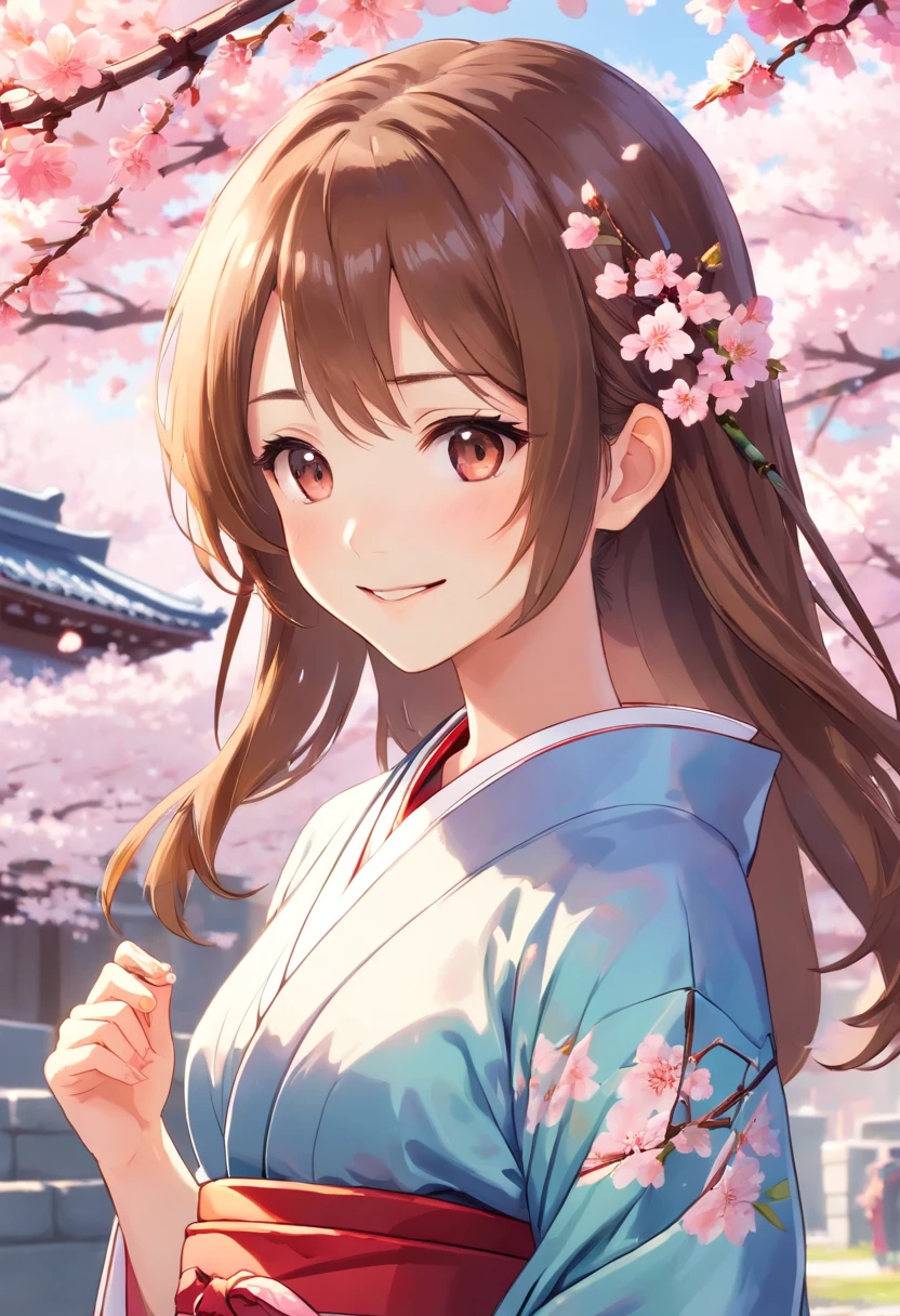 (masutepiece, Daylight portrait:1.3), (Attractive image of a 7-year-old girl in Japan under cherry blossoms:1.2), (Sony A6400 Camera, Known for fast autofocus and detail preservation:1.2), (Paired with Sony E 50mm f/1.8 OSS Lens，Captures clear and detailed portraits:1.2), (long, Smooth brunette hair is smoothly layered, intricate detailes:1.1), (Fine hair glitters in the light:1.1), (Symmetrical face is decorated with professional makeup:1.1), (Delicate figure in traditional kimono of Japan:1.1), (Shiny hair catches the sun，rejuvenate:1.1), (A charming smile exudes real warmth:1.1), (Vivid cherry blossoms paint a tranquil landscape:1.1), (Quiet park environment, Vivid with spring colors:1.1), (The sensor of the camera is、Capture the meticulous intricacies of her facial features and attire:1.1), (The camera focuses on her smile, Capture its natural charm:1.1), (Instantly freeze in time, Embodying youth and natural beauty:1.1), (A harmonious blend of cultural elegance and pleasant authenticity:1.1), (Portrait of true happiness under the cherry blossoms:1.1)，full body Esbian
