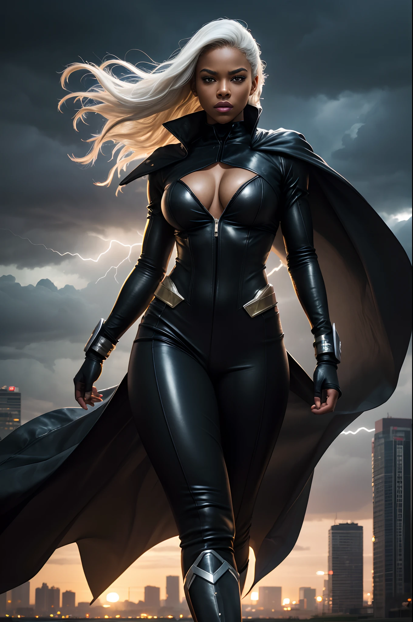 sexy black woman, storm from x-men,mutant,powerful,weather control,electricity manipulation,wind manipulation,white hair,fierce eyes,strong physique,confident posture,lightning, black skin, african-american, gorgeous, cleavage,cool costume,black leather outfit,cape flowing in the wind,mysterious aura,superhero,vibrant colors,dramatic lighting,action-packed scene,city skyline,stormy clouds,thunderstorm,crackling energy,electric sparks, intense winds,lit up skyline,storm brewing,stormy atmosphere,charged atmosphere,stormy night,overwhelming power,storm's wrath (best quality,4k,8k,highres,masterpiece:1.2),ultra-detailed,(realistic,photorealistic,photo-realistic:1.37),HDR,UHD,studio lighting,extreme detail description,professional,vivid colors,bokeh.