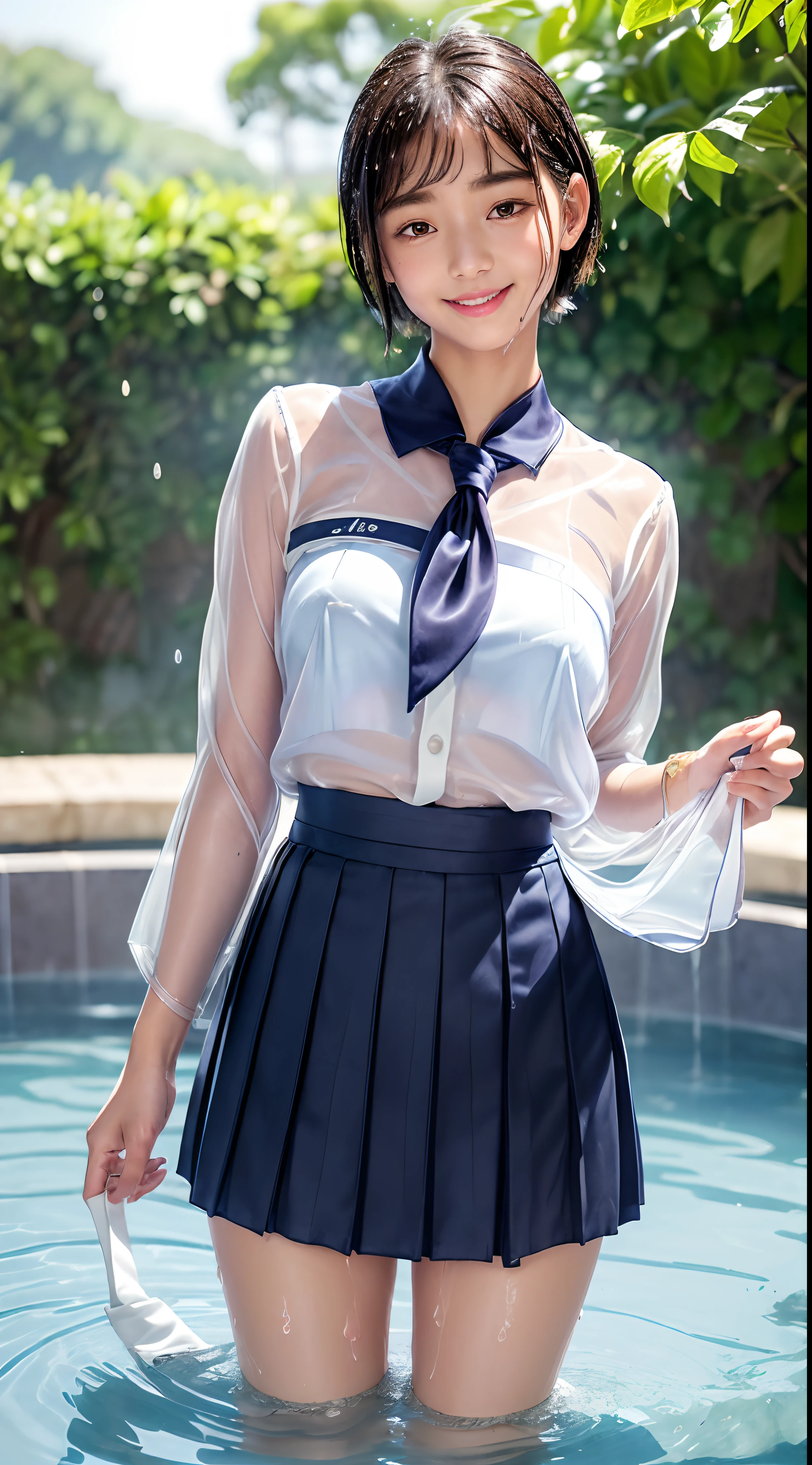 femele,１2 years ,japanes,Brown hair,(((Silk School Uniforms,White shirt,Navy blue skirt))),Beautiful short hair,,Hair fastening to bangs,,((()),Natural smile,(((Mansuji))),.(((Clothes are wet and see-through))),swimming pools,(((Skirt Lift Up))),