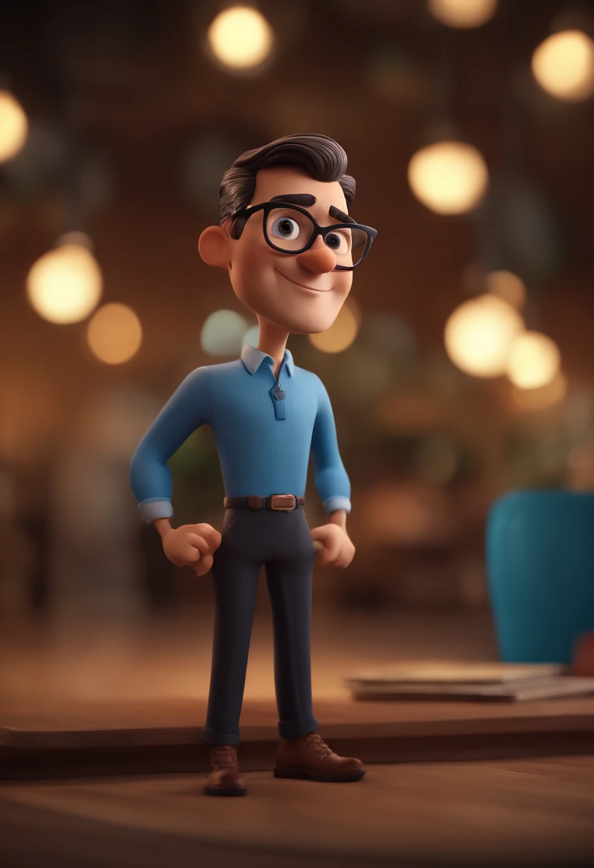 Cartoon character of a man with black glasses and a blue shirt, animation character, Caractere estilizado, animation style rendering, 3D estilizado, Arnold Maya render, 3 d render stylized, toon render keyshot, Personagem 3D, Personagem 3D, 3d rendering stylized, 3 d character render, personagem de desenho animado, Personagem de close up, Pose de personagem, (Estilo Pixar) (master part:1.2) (Bokeh) (best quality) (pele detalhada) (textura detalhada) (8k) (argila) (Cinematic lighting) (foco nítido