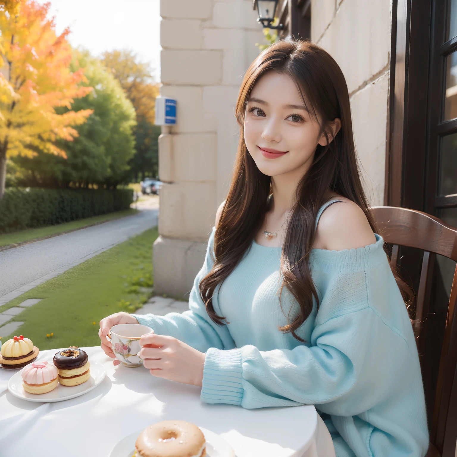 (art by:Adult Cute:1.5), Daytime in autumn , Cute woman with a smile, Hair color is brown , Hair is shoulder-length, Long Sleeve Blue One-Bead Beads、Outside a medieval European-style café , tea parties、a cake、 macaroons、donut、cookies、black tea、cute little、Cute 、Dolce、fluffly、Dolce、Pale shades