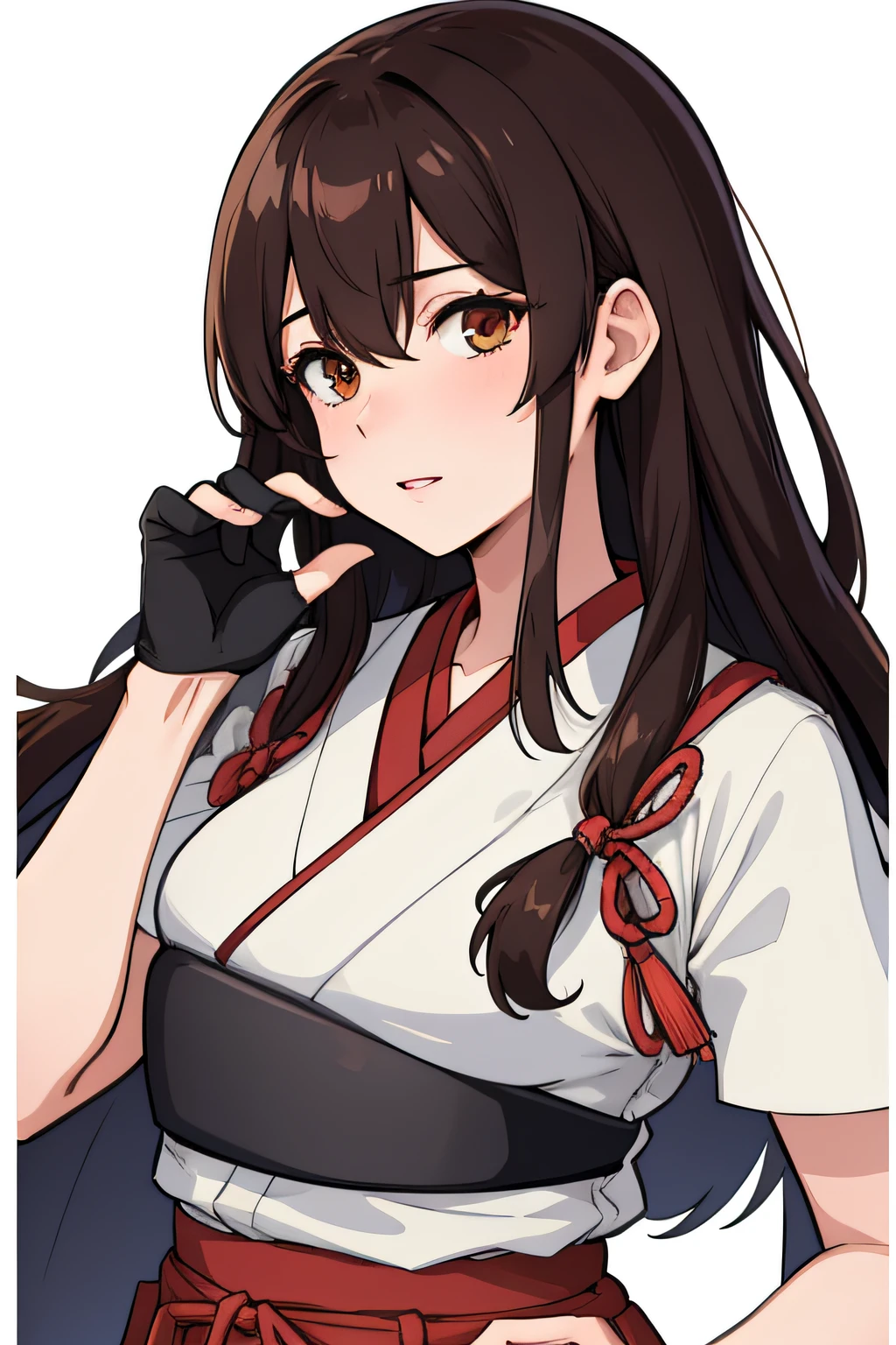 (masterpiece, best quality:1.2),illustration,8k,hd,1girl,solo,upper body,(portrait:1.2),long_hair,brown_hair,brown_eyes,muneate,tasuki,hakama,straight_hair,gloves,japanese_clothes,partially_fingerless_gloves,single_glove,hakama_skirt,skirt,hakama_short_skirt,