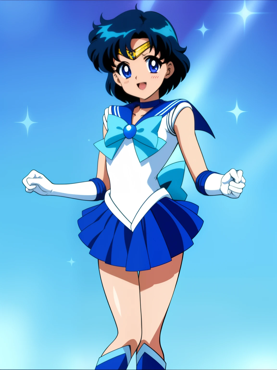 Sailor Senshi Uniform、sparkle、Sailor Mercury、Anime Boy、 boys、Ami Mizuno、gender change、gender change(Girls to boys)、circlet、Blue sailor collar、solo、Sky blue bow tie、Blue-eyed boy、Short blue-haired boy、a blue skirt、Blue choker、Blue knee boots、skirt、bow、back_bow、rating:safe、boots、Magical Boy、Bare shoulders、bare legs、knee_boots、sparkle_background、white glove、jewelry、smile、elbowgloves、耳Nipple Ring、blue_bow、sky blue_bow、open_mouth、heart、White leotard、highleg leotard、robe blanche、full_body、blue_background、white_background、looking_at_viewer、indoors、room、Muscular men、lens_flare、a miniskirt、pleatedskirt、(1990's\(styles\):0.9)、Ecchi anime style、Enchanting anime boy、Classic Boy、High quality anime art style、anime moe art style、​masterpiece、