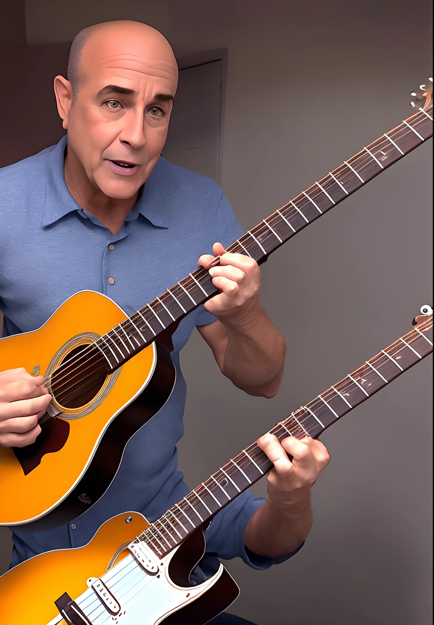 Pixar style and Disney man playing guitar , homem careca rosto fino olhos grandes e magro cor da pele parda