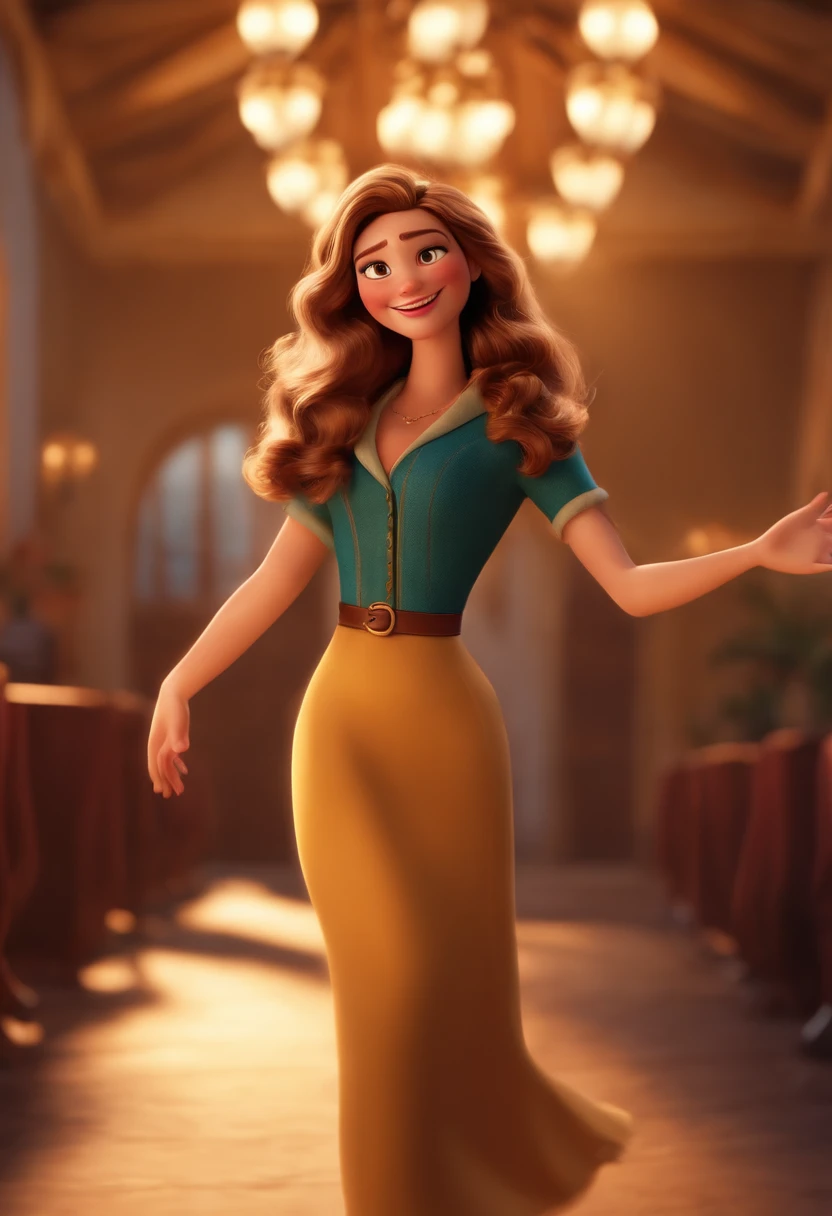 Pixar stile image, com caractere 3D, white woman, long brown hair with blonde highlights, Light brown eyes, dancing, Maquiagem Disney,Pescador, bonitinho, sorridente ,Close-up, Pixar, Disney, Cinema lighting, looks like anne hathaway