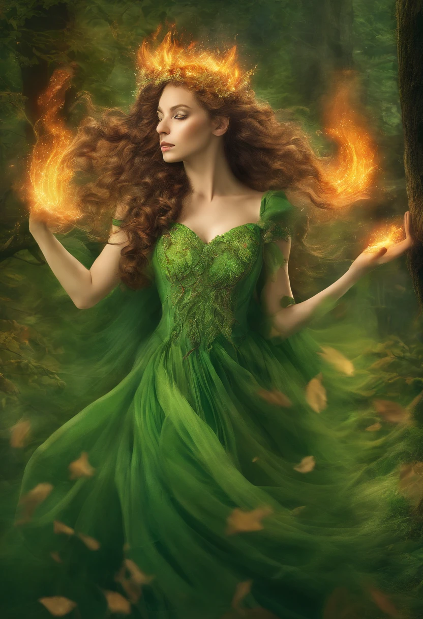 Deusa Brigit com cabelos ruivos , Green dress in a forest of oak trees with fire coming out of hands