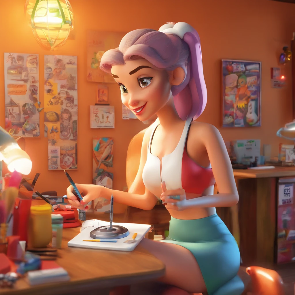 create a 3D movie poster inspired by Disney Pixar, The scene should be in Pixar's signature digital art style, com uma imagem caricatural que lembra a cantora brasileira "Anita" in the prone position, Wearing a bikini while a tattoo artist is sitting tattooing with a giant ring on one hand, inside a tattoo parlor.
