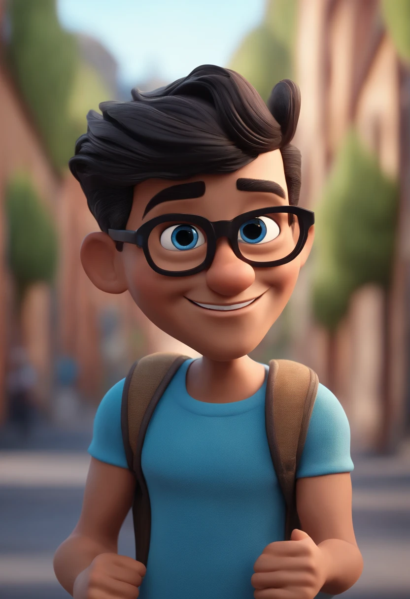 Cartoon character of a man with black glasses and a blue shirt, animation character, Caractere estilizado, animation style rendering, 3D estilizado, Arnold Maya render, 3 d render stylized, toon render keyshot, Personagem 3D, Personagem 3D, 3d rendering stylized, 3 d character render, personagem de desenho animado, Personagem de close up, Pose de personagem,  (Estilo Pixar) (master part:1.2) (Bokeh) (best quality) (pele detalhada) (textura detalhada) (8k) (argila) (Cinematic lighting) (foco nítido