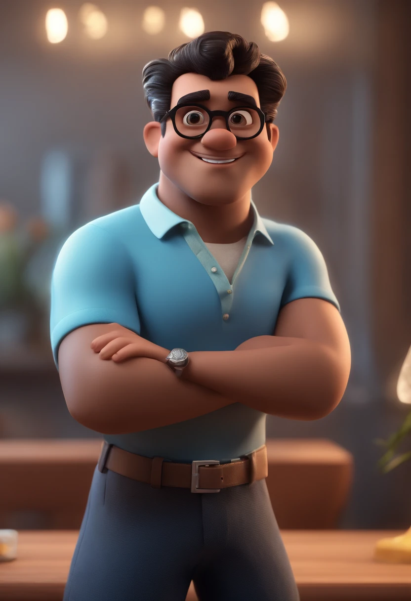Cartoon character of a man with black glasses and a blue shirt, animation character, Caractere estilizado, animation style rendering, 3D estilizado, Arnold Maya render, 3 d render stylized, toon render keyshot, Personagem 3D, Personagem 3D, 3d rendering stylized, 3 d character render, personagem de desenho animado, Personagem de close up, Pose de personagem,  (Estilo Pixar) (master part:1.2) (Bokeh) (best quality) (pele detalhada) (textura detalhada) (8k) (argila) (Cinematic lighting) (foco nítido