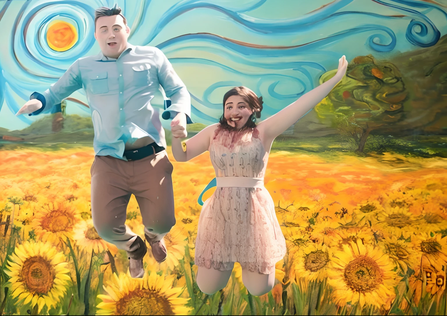 Painting of a man and a woman jumping in a field of sunflowers, jumping towards viewer, Saltando para o espectador, videoclipe, pulando de alegria, Arte Promocional, Estilo Van Gogh, foto promocional, still from a music video, filme promocional ainda, imagem promocional do filme, Arte Promocional, em estilo de van gogh, rostos personagens disney pixar.