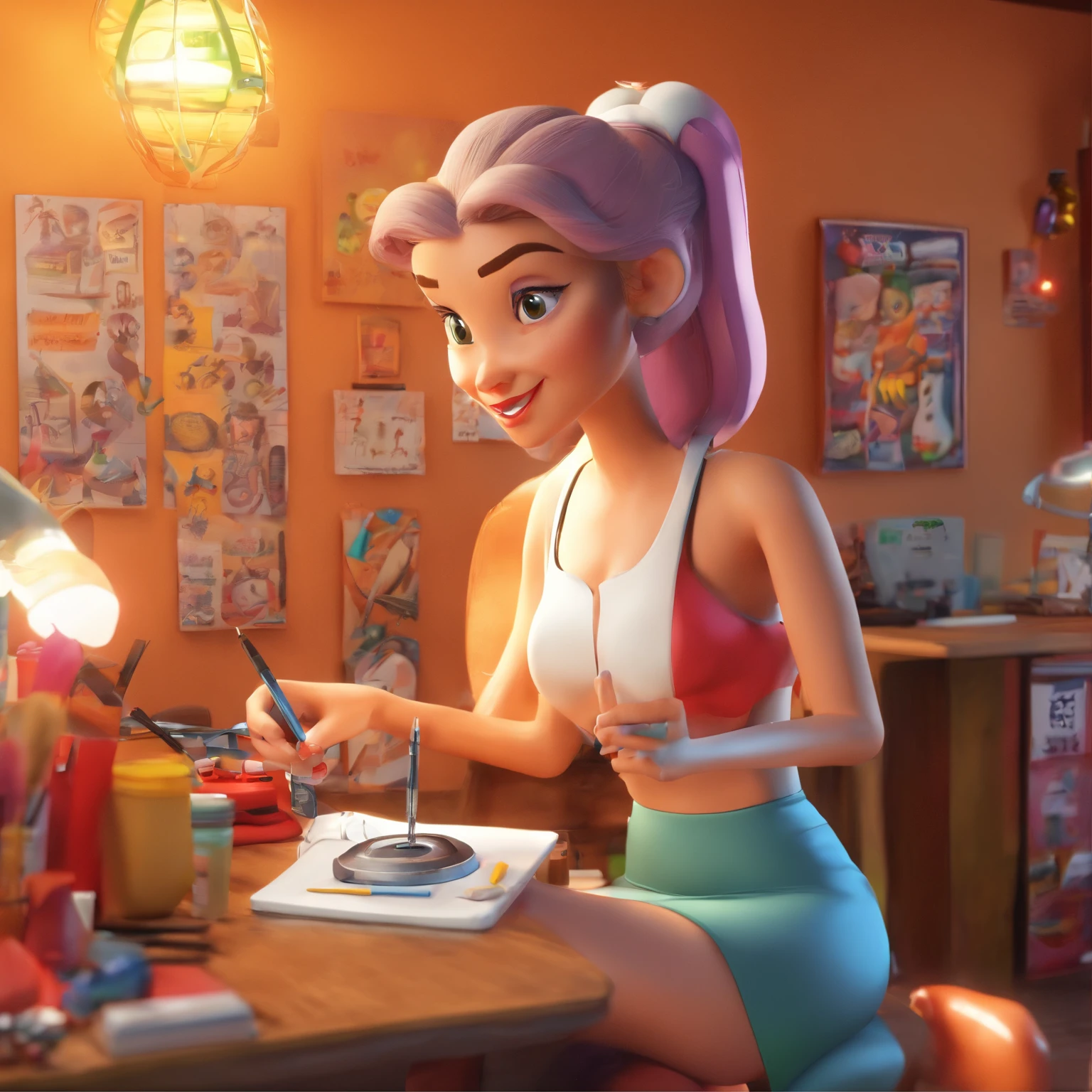 create a 3D movie poster inspired by Disney Pixar, The scene should be in Pixar's signature digital art style, com uma imagem caricatural que lembra a cantora brasileira "Anita" in the prone position, Wearing a bikini while a tattoo artist is sitting tattooing with a giant ring on one hand, inside a tattoo parlor.