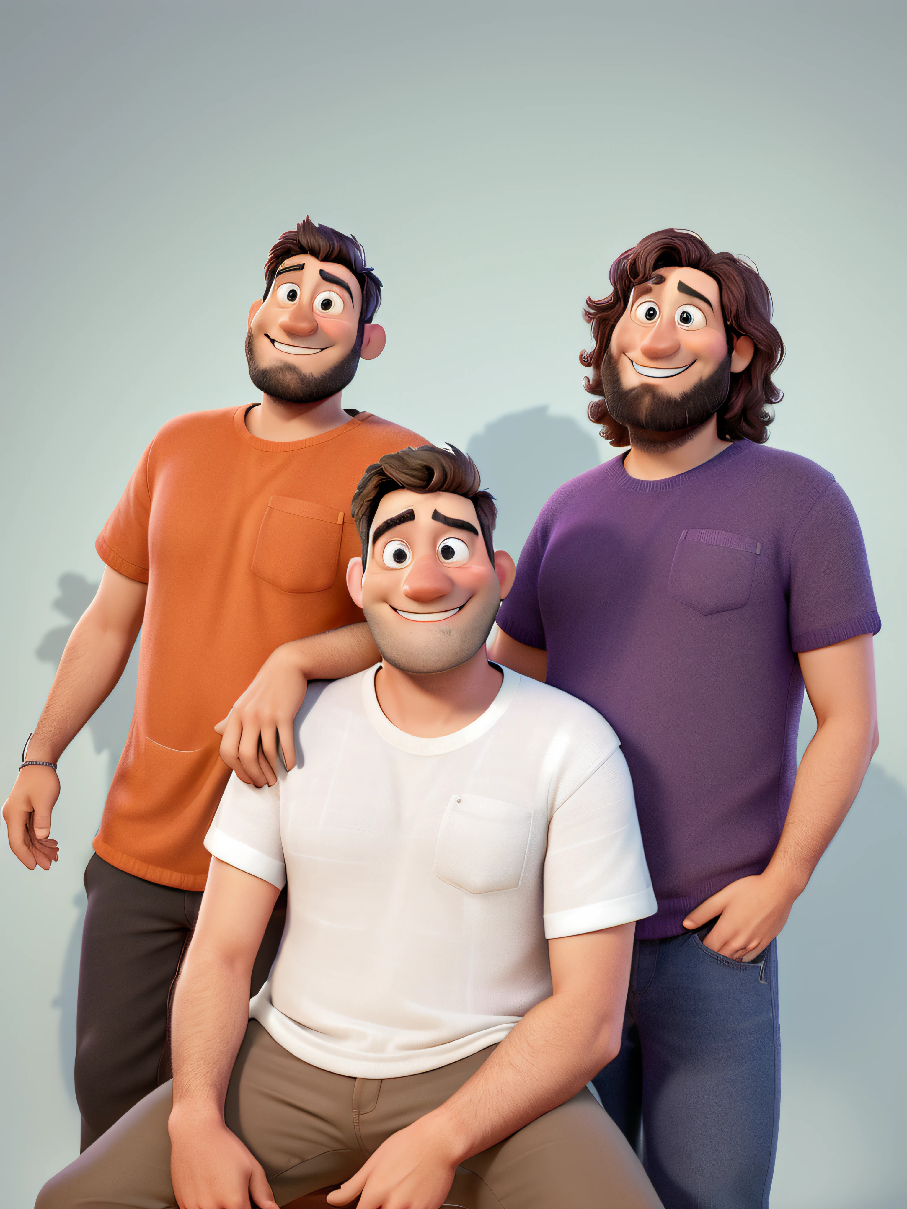 Pixar style illustration, de melhor qualidade, Three friends on dark background with purple lights. with the writing Bãio Virado in the background.