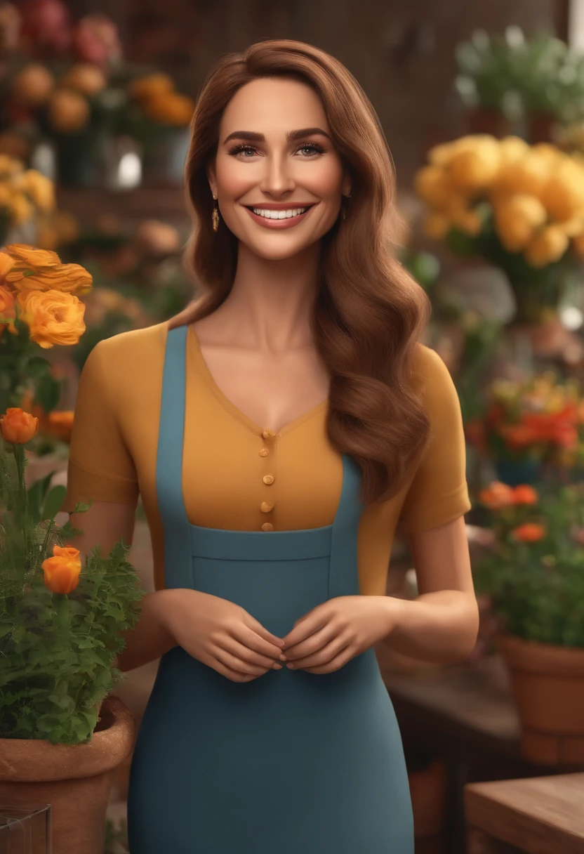Image of a woman for a story in a YouTube video in Pixar format, She's a florist, tem aproximadamente 40 anos, medium and straight light brown hair, sorriso largo e olhos castanhos