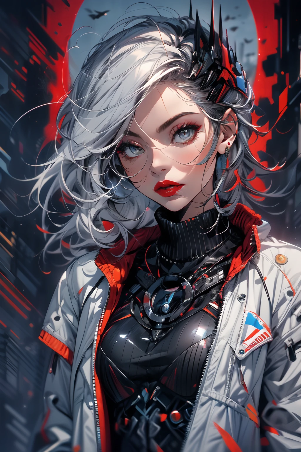 (Sci-fi fantasy), (Masterpiece), (professional oil painting) (best quality), (8k resolution), (1 beautiful girl), ((pale gray skin)), (iron gray skin), ((jeans clothes)),(red jacket)), ((black t-shirt underneath), ((red lipstick)), ((black sneakers)), (comcept art), small chest, (long hair), (messy hair), (white hair), (iron gray hair), ((with futuristic weapon)), (ammunition), ((moonlight of the night)), (sitting thinking))