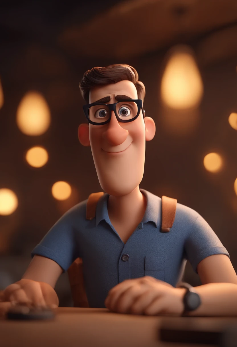 Cartoon character of a man wearing black glasses and a blue shirt, um personagem animado, Caractere estilizado, animation style rendering, 3D estilizado, Arnold Maya render, 3 d render stylized, toon render keyshot, Personagem 3D, Personagem 3D, 3d rendering stylized, 3 d character render, personagem de desenho animado, Personagem de close up, Pose de personagem, (Estilo Pixar) (master part:1.2) (Bokeh) (best quality) (pele detalhada) (textura detalhada) (8k) (argila) (Cinematic lighting) (foco nítido,Senta e vaza a parte superior do corpo
