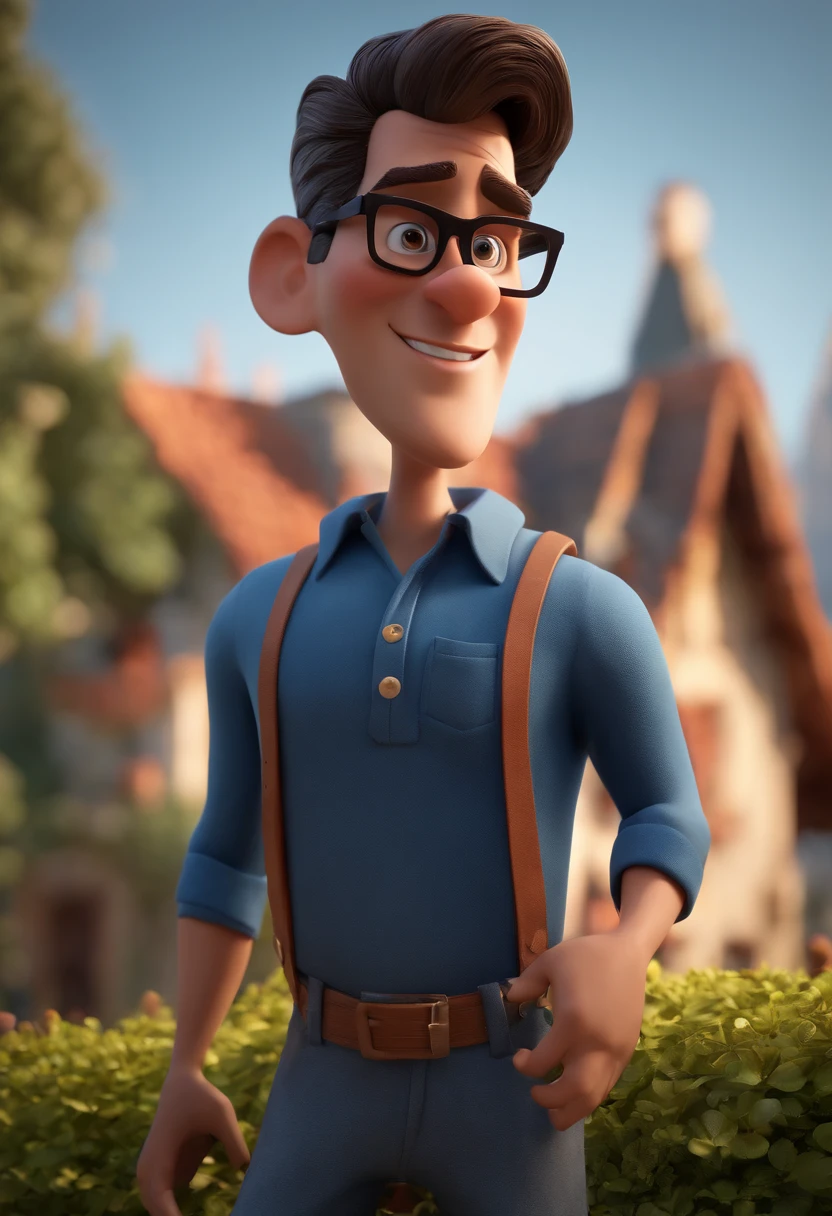 Cartoon character of a man with black glasses and a blue shirt, animation character, Caractere estilizado, animation style rendering, 3D estilizado, Arnold Maya render, 3 d render stylized, toon render keyshot, Personagem 3D, Personagem 3D, 3d rendering stylized, 3 d character render, personagem de desenho animado, Personagem de close up, Pose de personagem,  (Estilo Pixar) (master part:1.2) (Bokeh) (best quality) (pele detalhada) (textura detalhada) (8k) (argila) (Cinematic lighting) (foco nítido