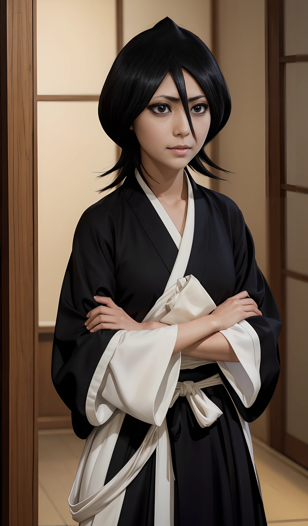 Rukia Kuchiki, 1 girl, short hair, black hair, purple eyes, smile, looking at viewer, black kimono, hair between eyes, wide sleeves, facing viewer, black Hakama, soft lighting, (best quality, 4k, 8k, high, master part: 1.2), ultra-detailed, (realistic, photorealistic, photorealistic: 1.37), portraits, vivid colors, dark, color contrast, studio lighting