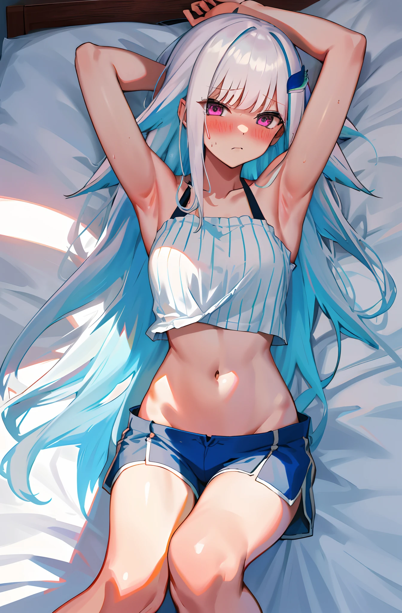One girl with long wavy hair, white hair, looking at viewer, embarrassed, blushing, tears, indoor , bare shoulders, bare hands, medium breast, tanktop and shorts, sports shorts, stomach, naked, perfect waist, thigh, bed, hip high skirt, laying on, lie down, arms up, armpits, hands grabbing her breasts, laying on back, from above, legs spread, wet, nsfw, day atmosphere, hair ornament