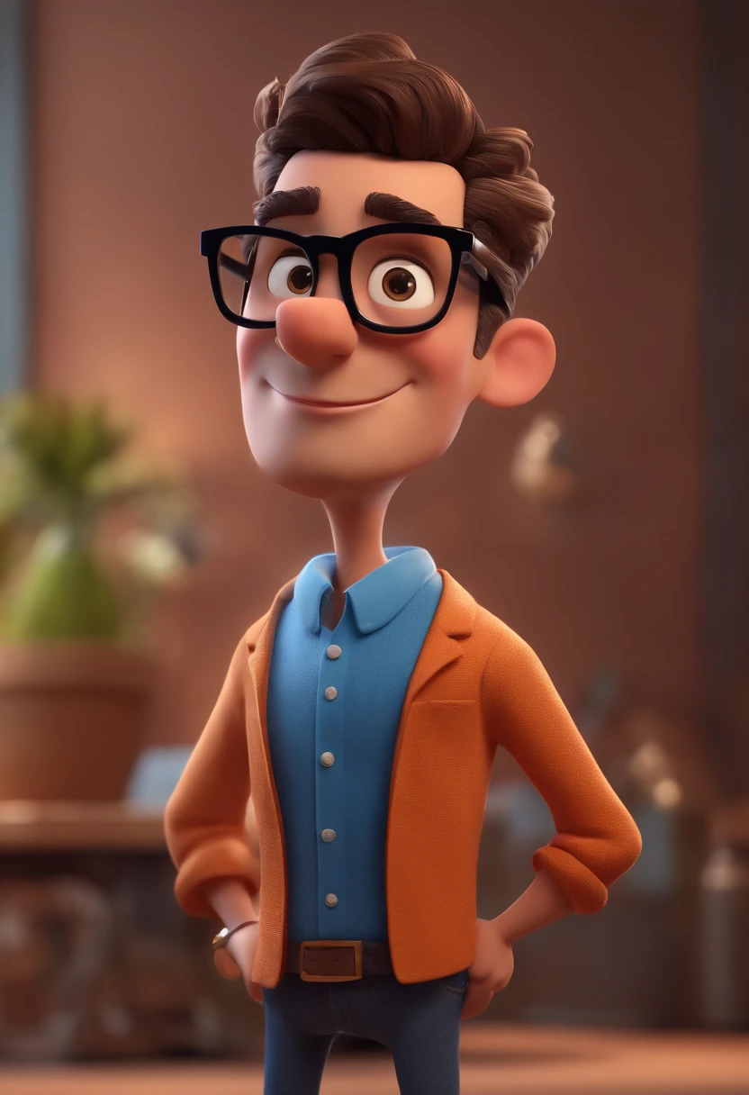 Cartoon character of a man with black glasses and a blue shirt, animation character, Caractere estilizado, animation style rendering, 3D estilizado, Arnold Maya render, 3 d render stylized, toon render keyshot, Personagem 3D, Personagem 3D, 3d rendering stylized, 3 d character render, personagem de desenho animado, Personagem de close up, Pose de personagem, (Estilo Pixar) (master part:1.2) (Bokeh) (best quality) (pele detalhada) (textura detalhada) (8k) (argila) (Cinematic lighting) (foco nítido