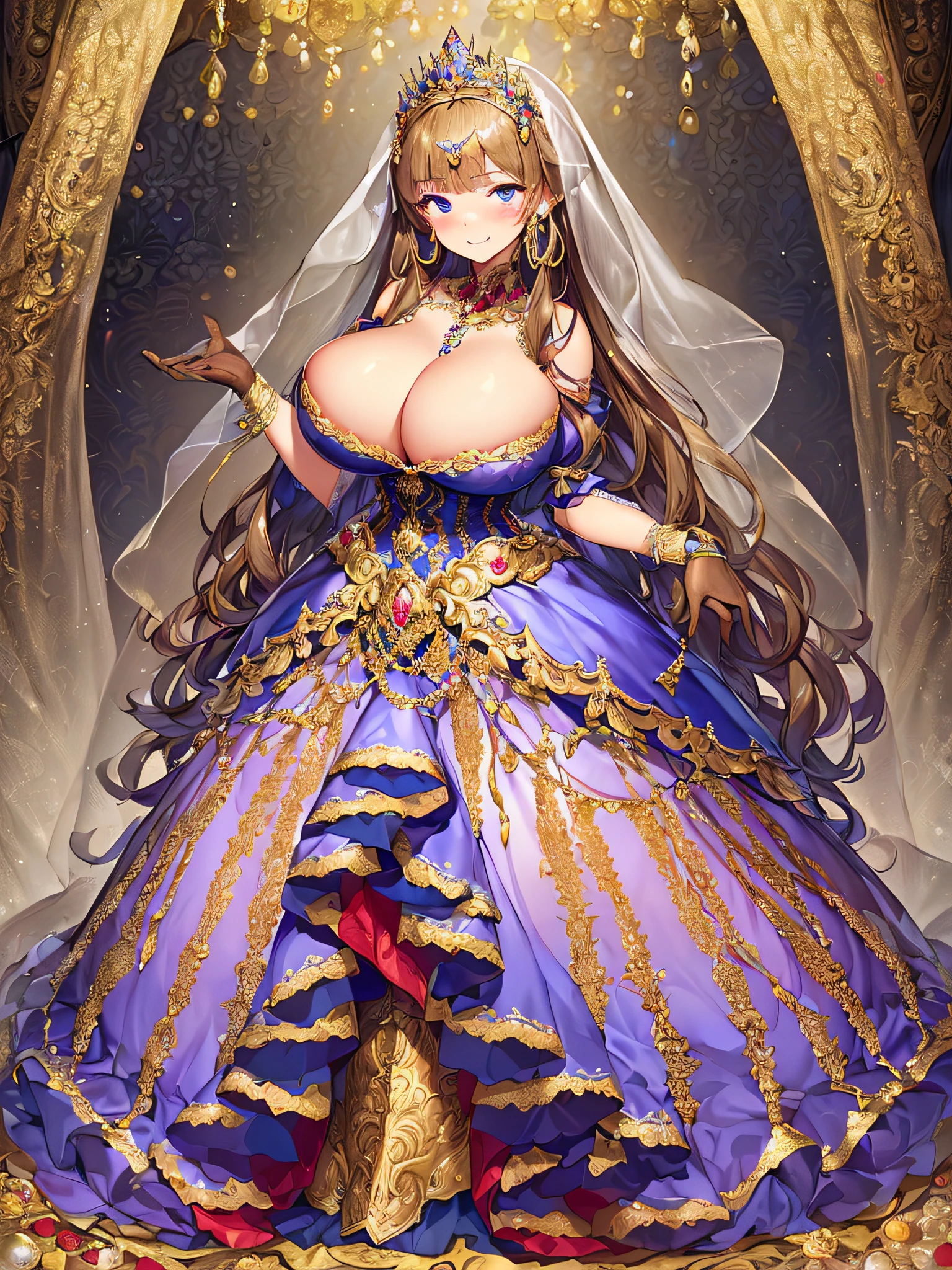 ((Anime Art Style)),((masutepiece,Best Quality,Super Detail,Very delicate and beautiful)),((Full body portrait)),((Solo)),(((One princess in beautiful embroidery and jeweled gorgeous rococo ballgown with voluminous full length hoop skirt))),(voluminous Crinoline hoop skirt),(((very gigantic boobs,Skindentation))),((extremely voluminous Very Long Straight Hair)),(finely detailed face and eyes),(Seductive smile,embarrassed),extremely gorgeousfull hair ornament,very gorgeous big tiara adorned with bling-bling jewels,Glitter Gorgeous Gemstone Jewelry,Gorgeous Long Veil,opera gloves,(Beautiful background),(Full body),((beautiful embroidery and jeweled gorgeous rococo ballgown with voluminous full length hoop skirt))