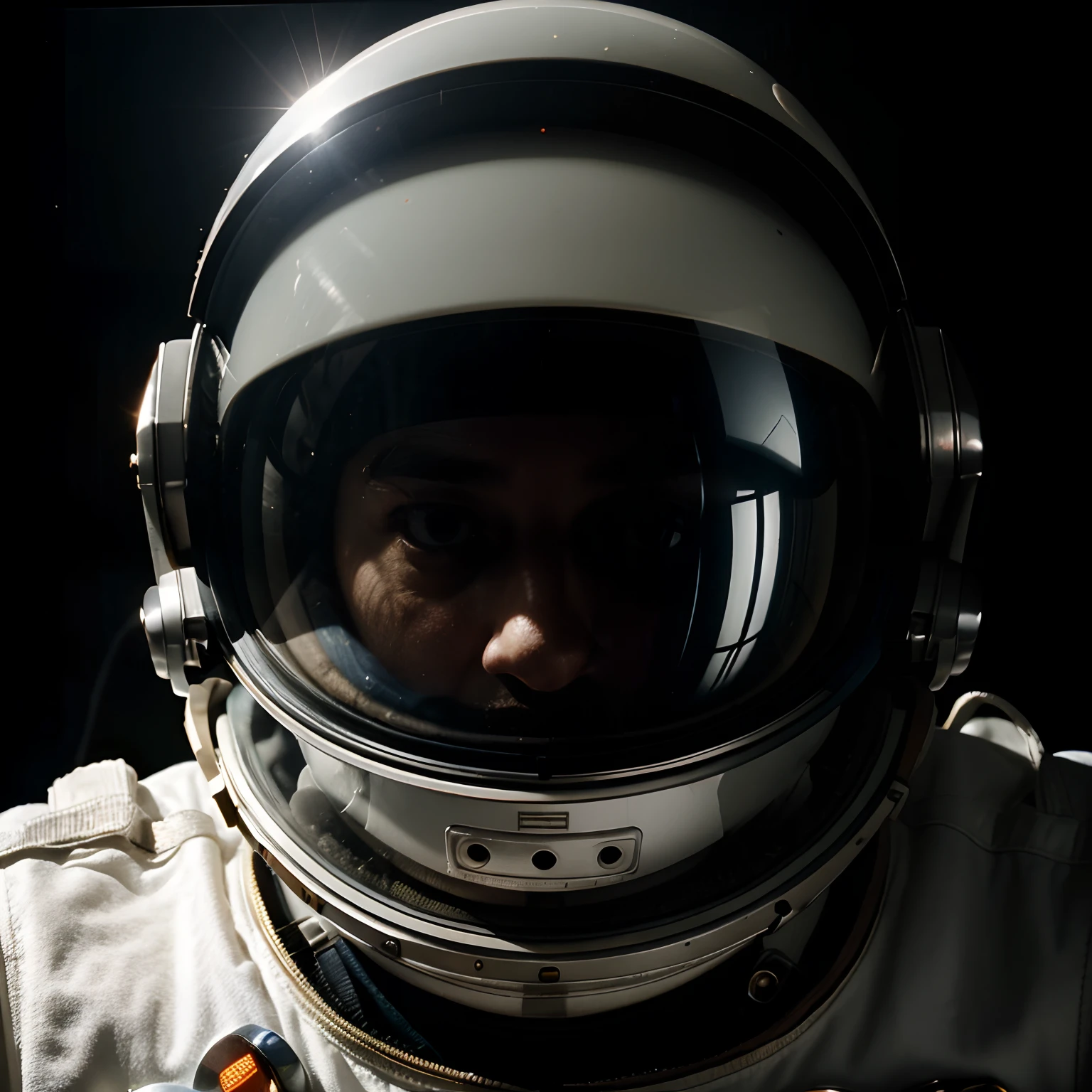 Astronaut, close up, helmet, planet earth reflected on helmet, 1970’s sci-fi aesthetic, vintage, dark, moody, creepy, Stanley Kubrick,