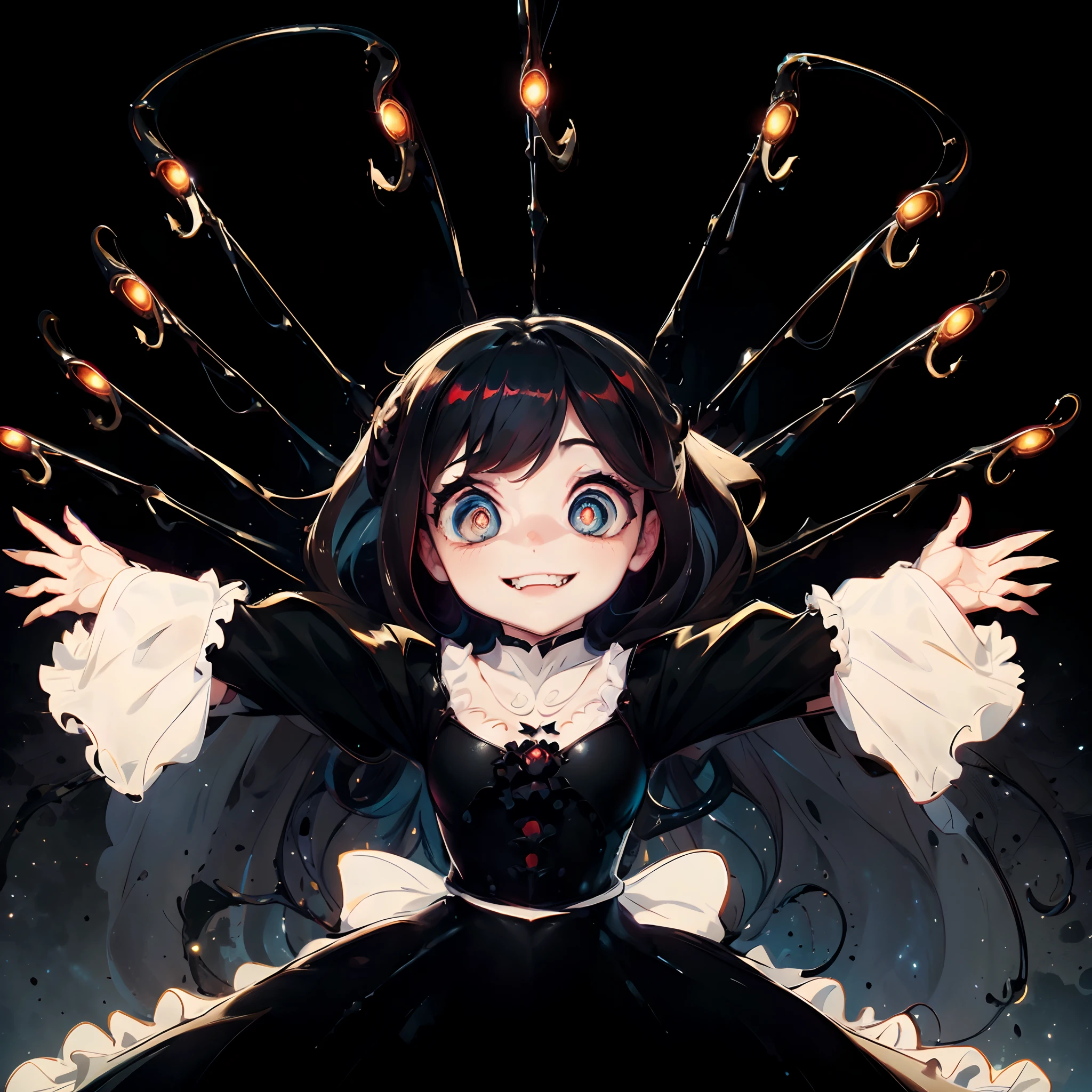 Girl with open arms. she is wearing a black dress. She has white ruffles. tentacles with claws suspended from the ceiling. Spider legs. Eyes open. Shining eyes. She grins. Dark background.