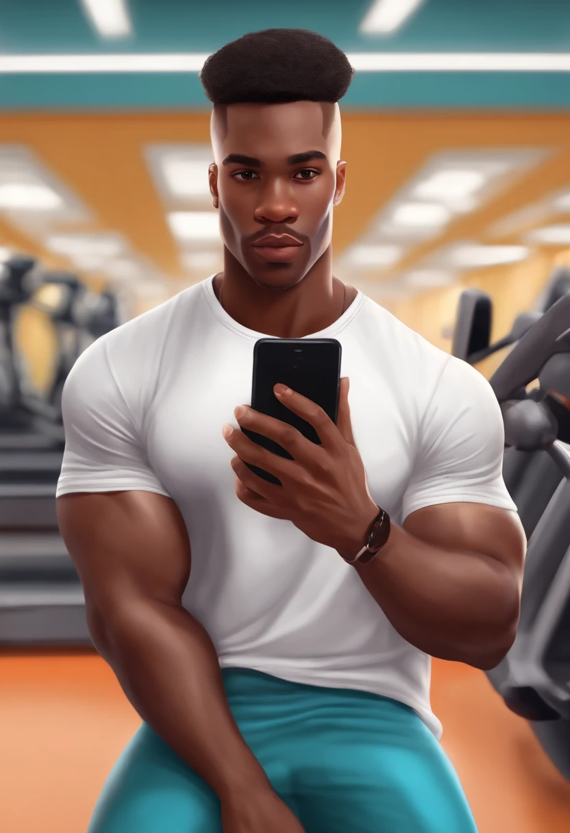 Background: Disney character, black man, hair a little bald, thick lips, open ears, triangular face in a gym, dressed in white t-shirt, black shorts and white tenes with cell phone in hand, taking photo in the mirror