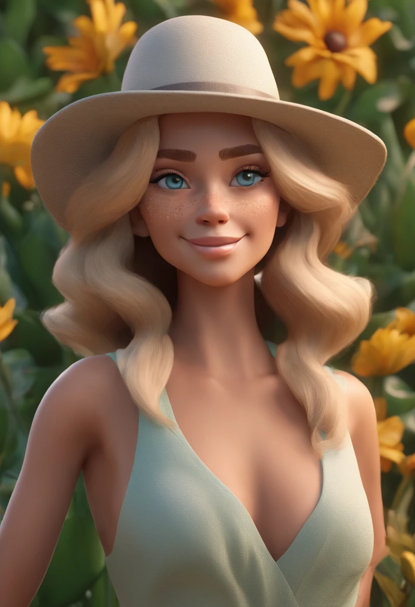 Cartoon character of a green-eyed blonde woman with tattoo on her arm of flowers and with straw hat, animation character, Caractere estilizado, animation style rendering, 3D estilizado, 3 d render stylized, toon render keyshot, Personagem 3D, Personagem 3D, 3d rendering stylized, 3 d character render, personagem de desenho animado, Personagem de close up, Pose de personagem, (Estilo Pixar) (master part:1.2) (Bokeh) (best quality) (pele detalhada) (textura detalhada) (8k) (argila) (Cinematic lighting) (foco nítido