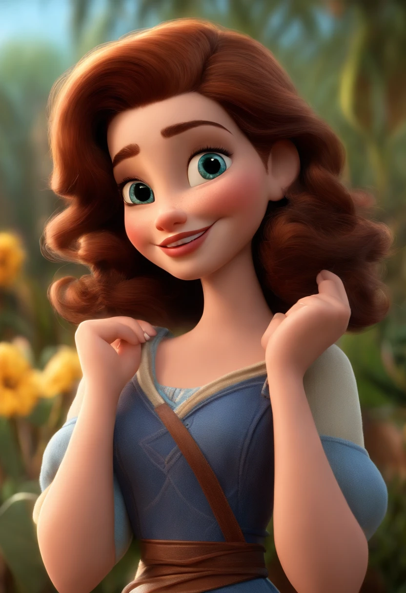 Imagem estilo Pixar, com caractere 3D, mulher branca, cabelos castanhos longos lisos com destaques loiros, olhos castanhos claros, Dancing woman, Maquiagem Disney,Pescador, bonitinho, sorridente ,Close-up, Pixar, Disney, Cinema lighting, Parece Anne Hathaway