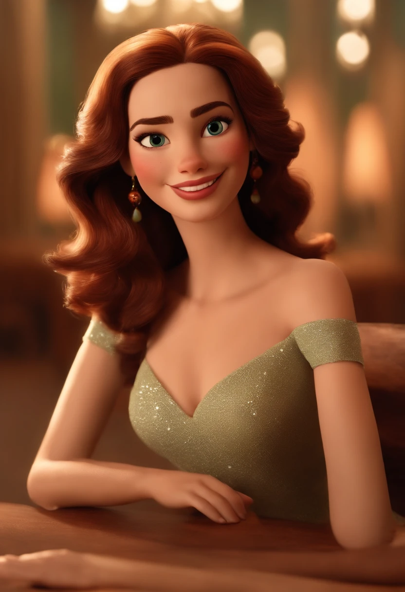Imagem estilo Pixar, com caractere 3D, mulher branca, cabelos castanhos longos lisos com destaques loiros, olhos castanhos claros, Dancing woman, Maquiagem Disney,Pescador, bonitinho, sorridente ,Close-up, Pixar, Disney, Cinema lighting, Parece Anne Hathaway