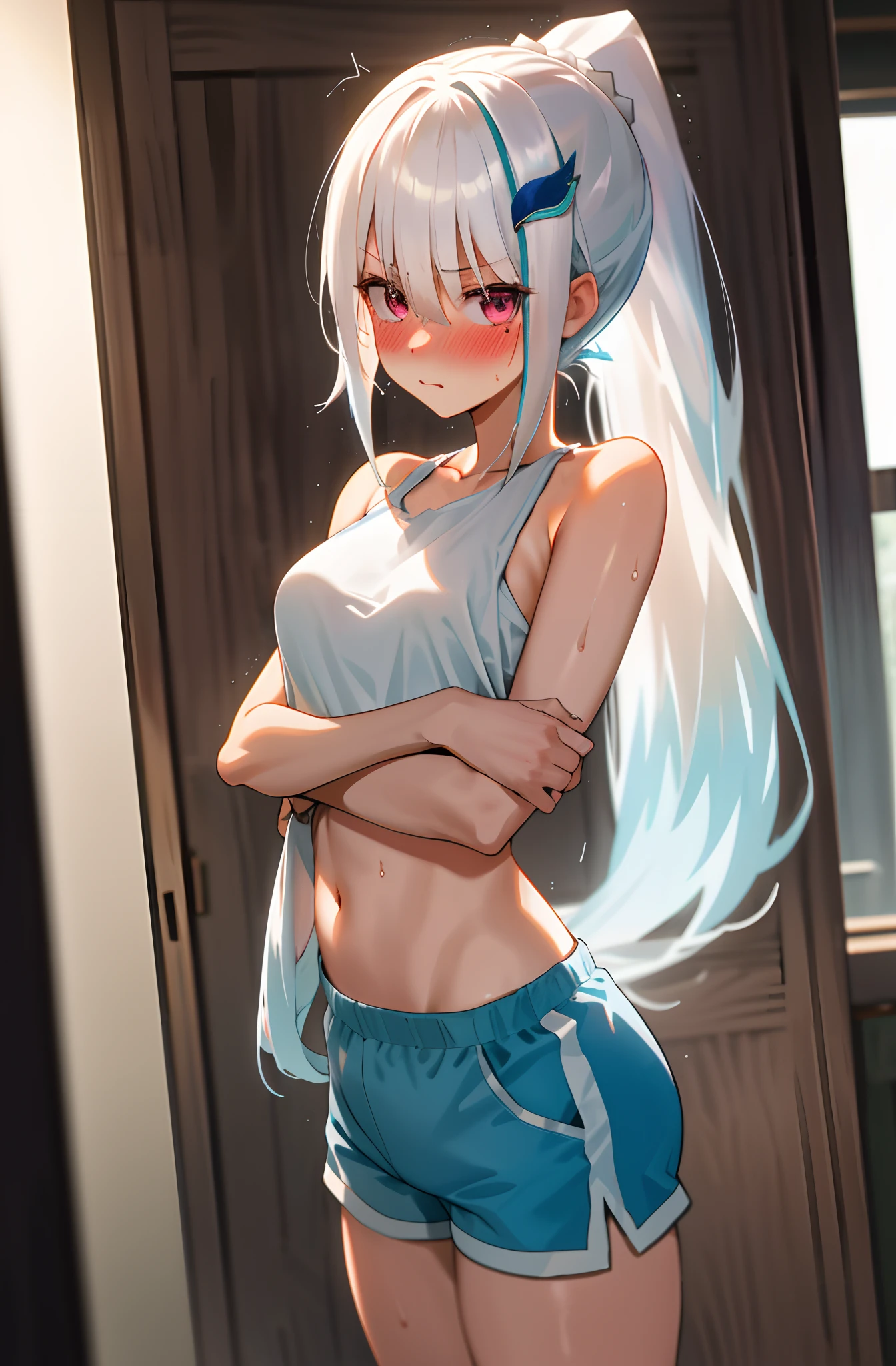 One girl with long ponytail hair, white hair, looking at viewer, embarrassed, blushing, tears, indoor , bare shoulders, bare hands, medium breast, tanktop and shorts, sports shorts, stomach, naked, perfect waist, thigh, Japanese house, standing, wet, nsfw, day atmosphere, hair ornament